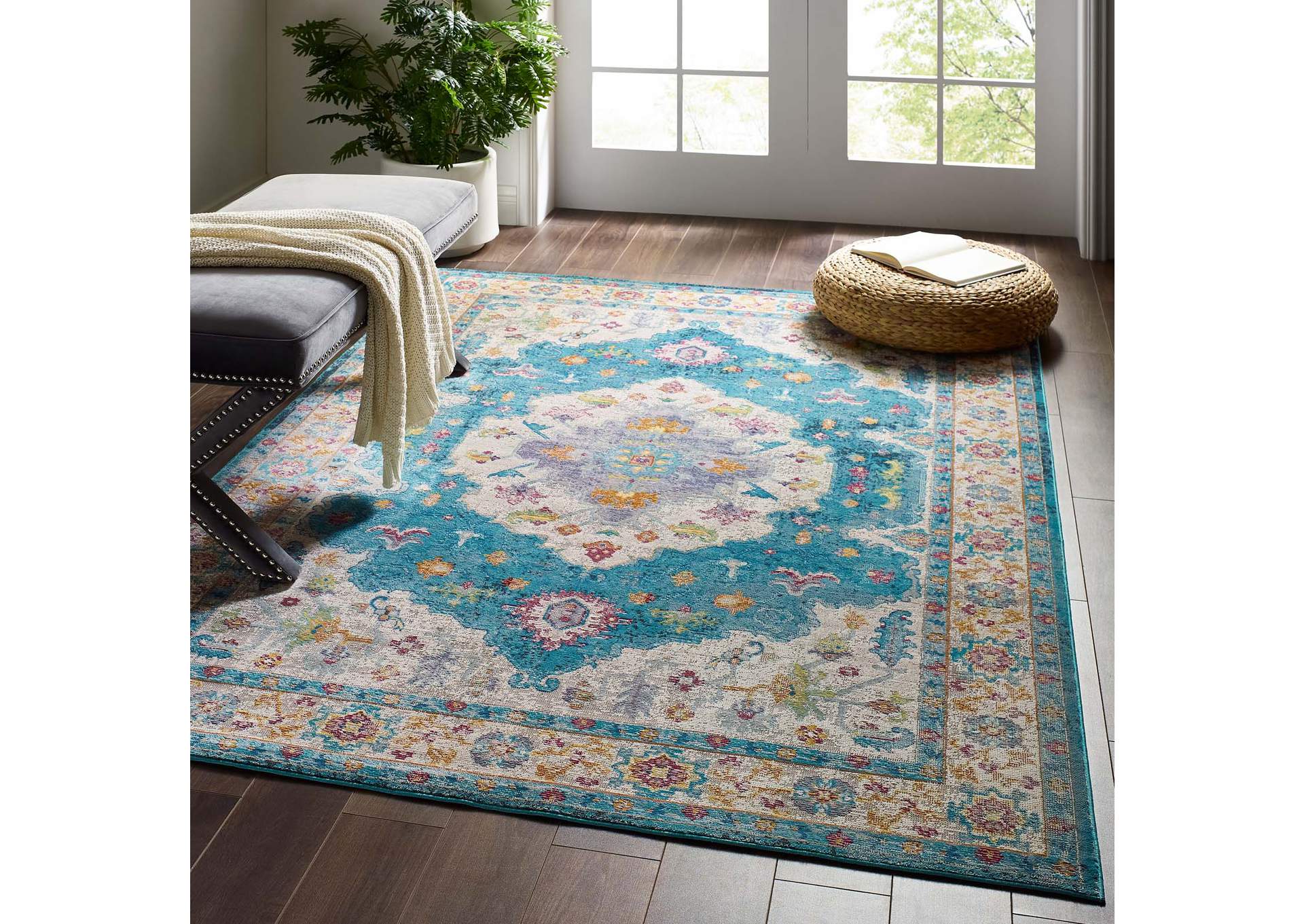 Blue, Ivory, Yellow, Orange Success Anisah Distressed Floral Persian Medallion 5x8 Area Rug,Modway