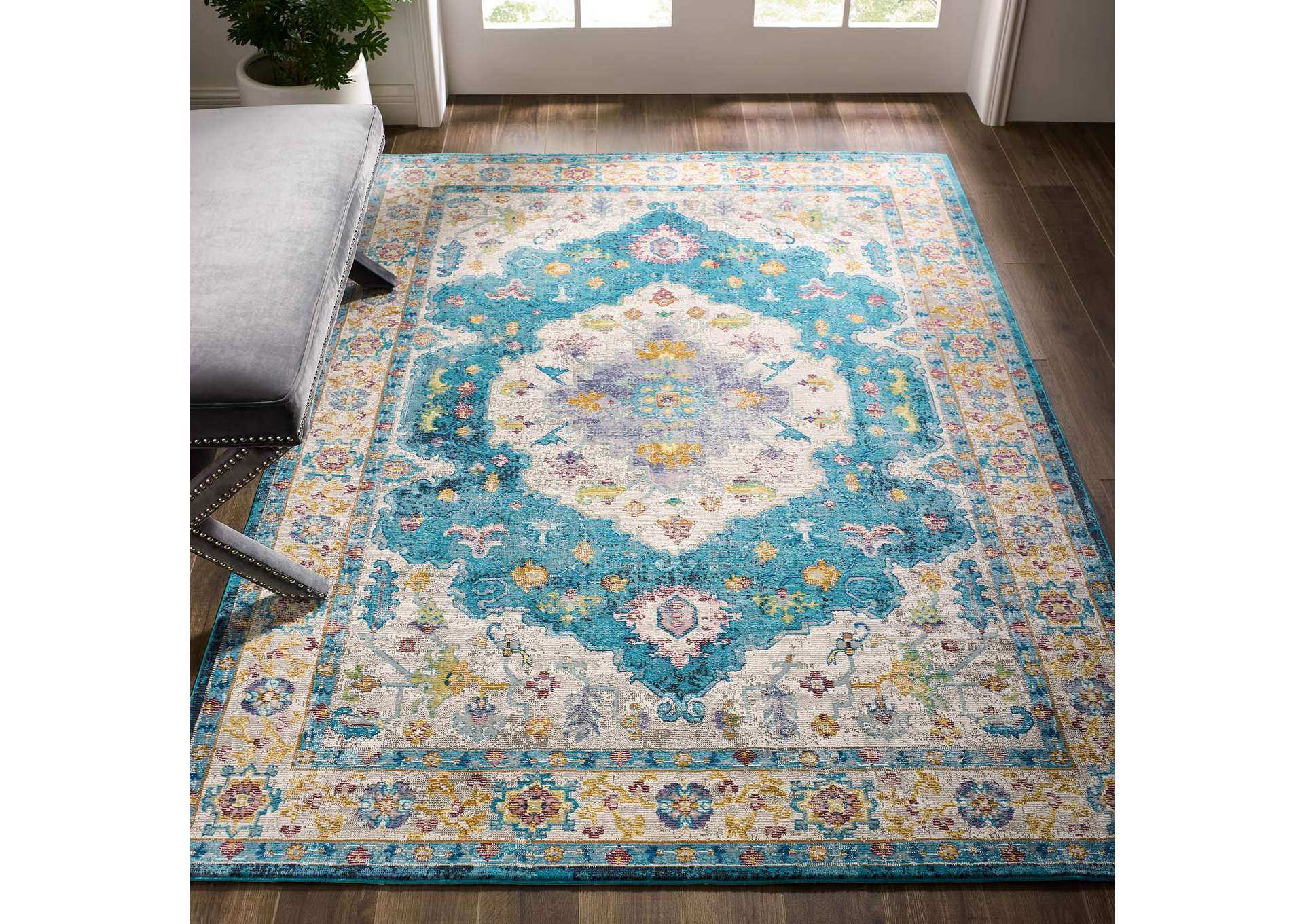 Blue, Ivory, Yellow, Orange Success Anisah Distressed Floral Persian Medallion 5x8 Area Rug,Modway