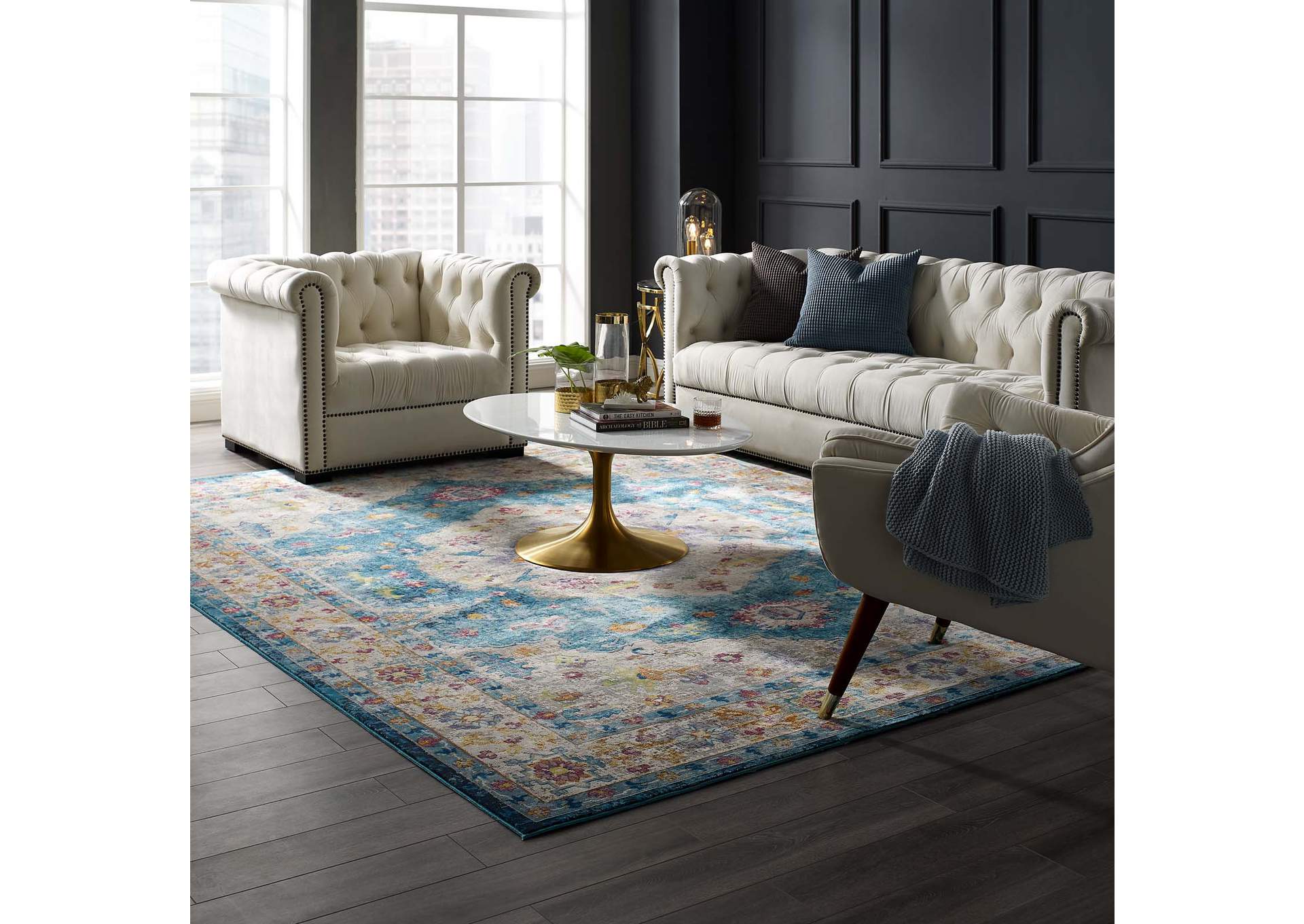 Blue, Ivory, Yellow, Orange Success Anisah Distressed Floral Persian Medallion 8x10 Area Rug,Modway