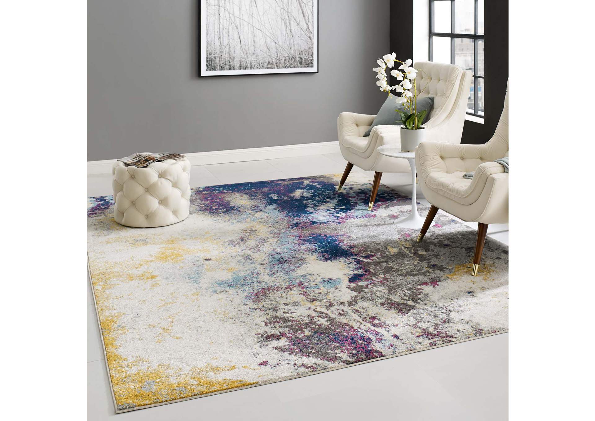 Blue, Gray, Yellow, Ivory, Pink Entourage Adeline Contemporary Modern Abstract 8x10 Area Rug,Modway