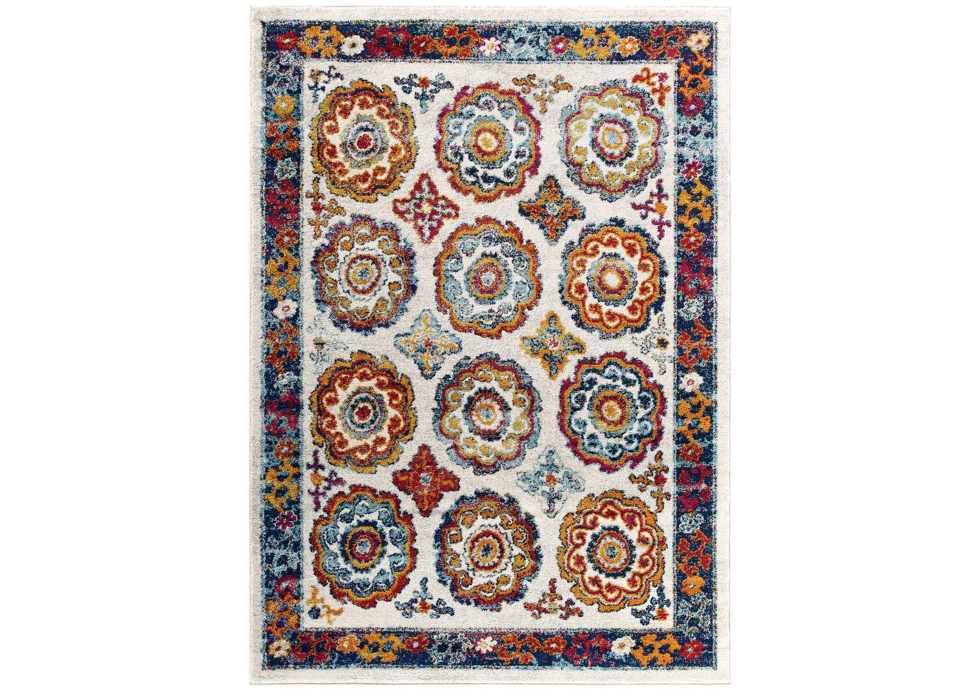 Ivory, Blue, Red, Orange, Yellow Entourage Odile Distressed Floral Moroccan Trellis 5x8 Area Rug,Modway