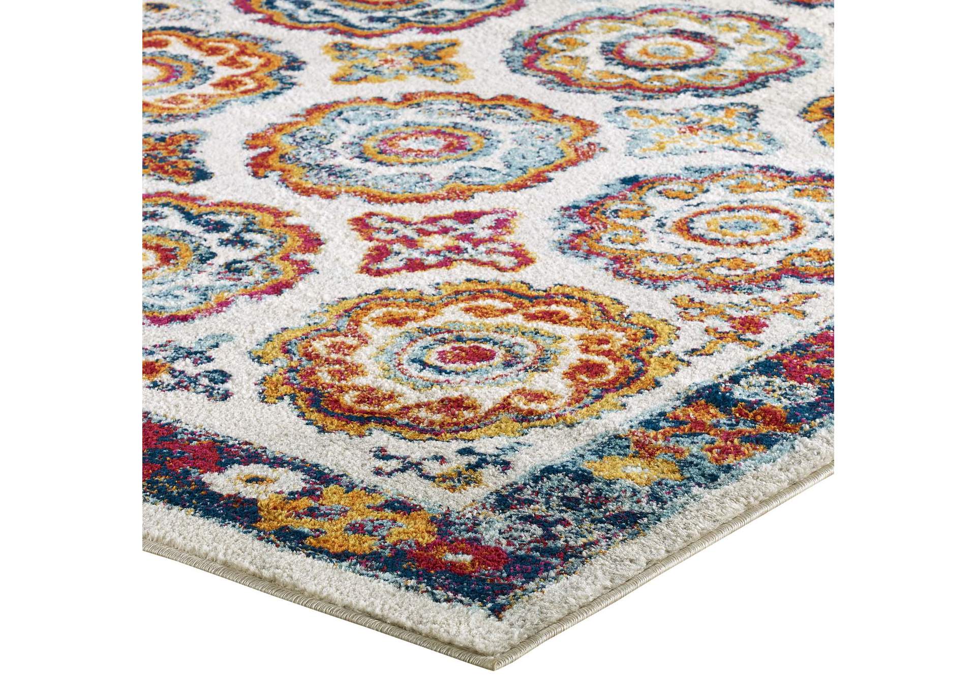 Ivory, Blue, Red, Orange, Yellow Entourage Odile Distressed Floral Moroccan Trellis 5x8 Area Rug,Modway