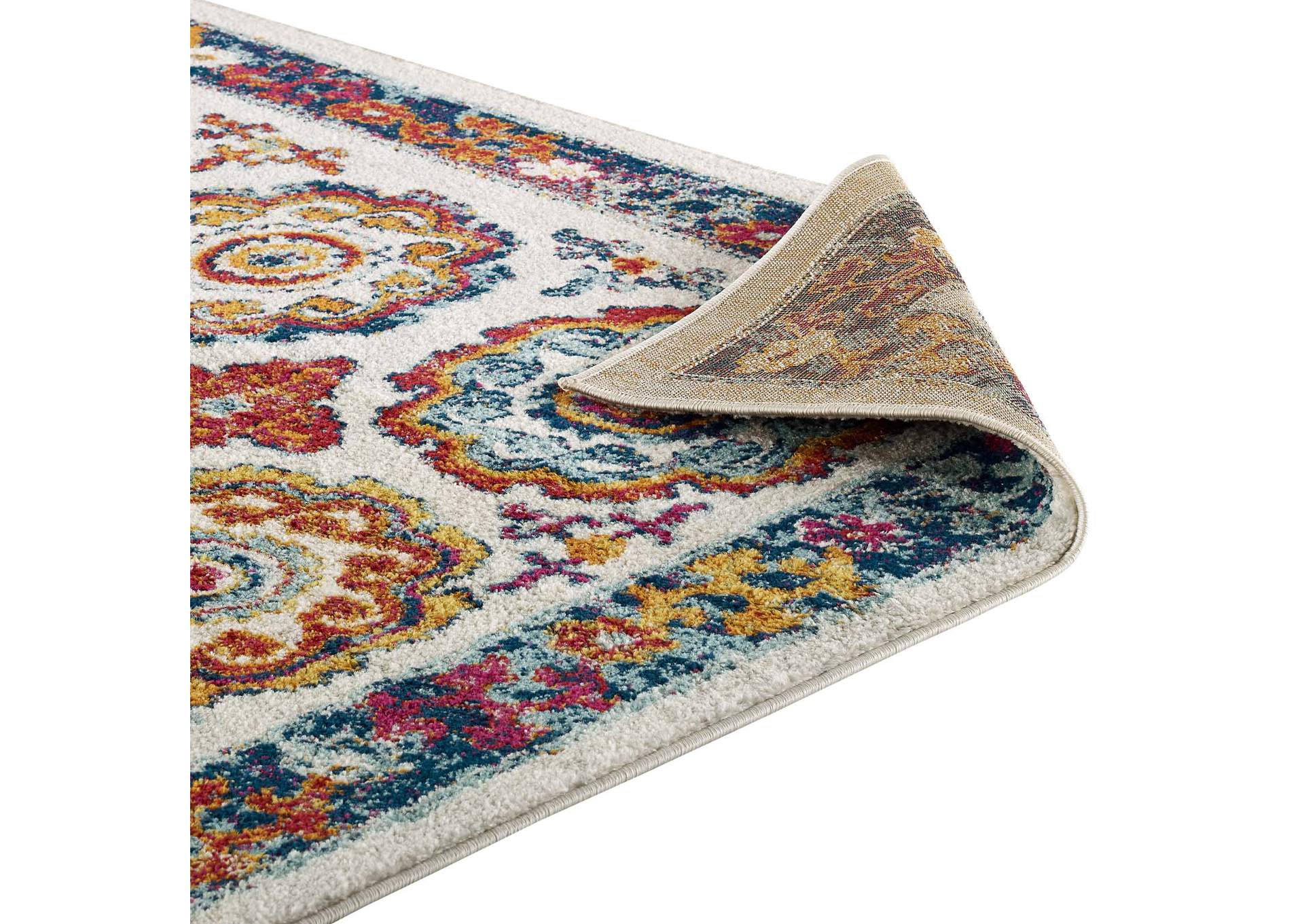 Ivory, Blue, Red, Orange, Yellow Entourage Odile Distressed Floral Moroccan Trellis 5x8 Area Rug,Modway