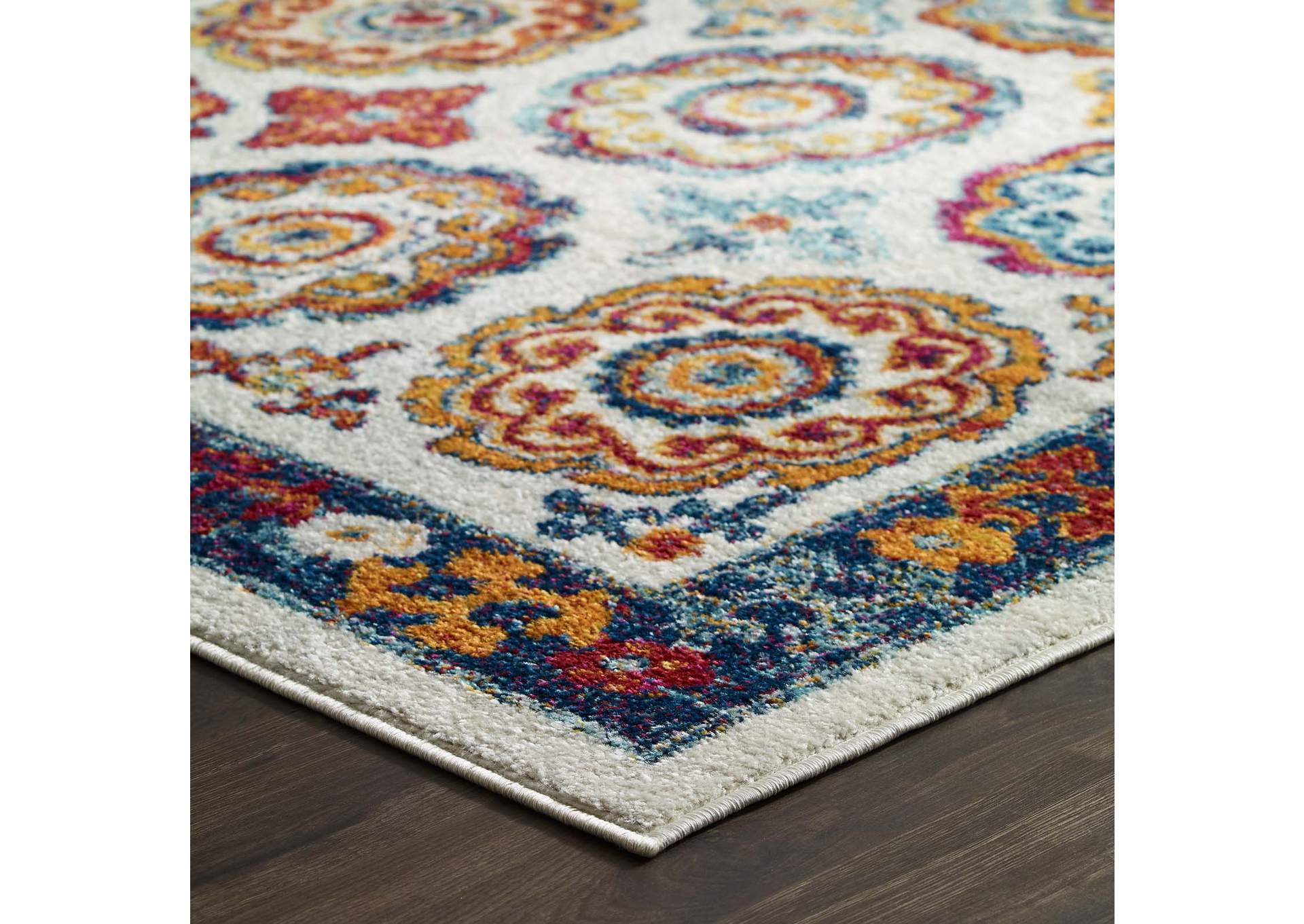 Ivory, Blue, Red, Orange, Yellow Entourage Odile Distressed Floral Moroccan Trellis 5x8 Area Rug,Modway