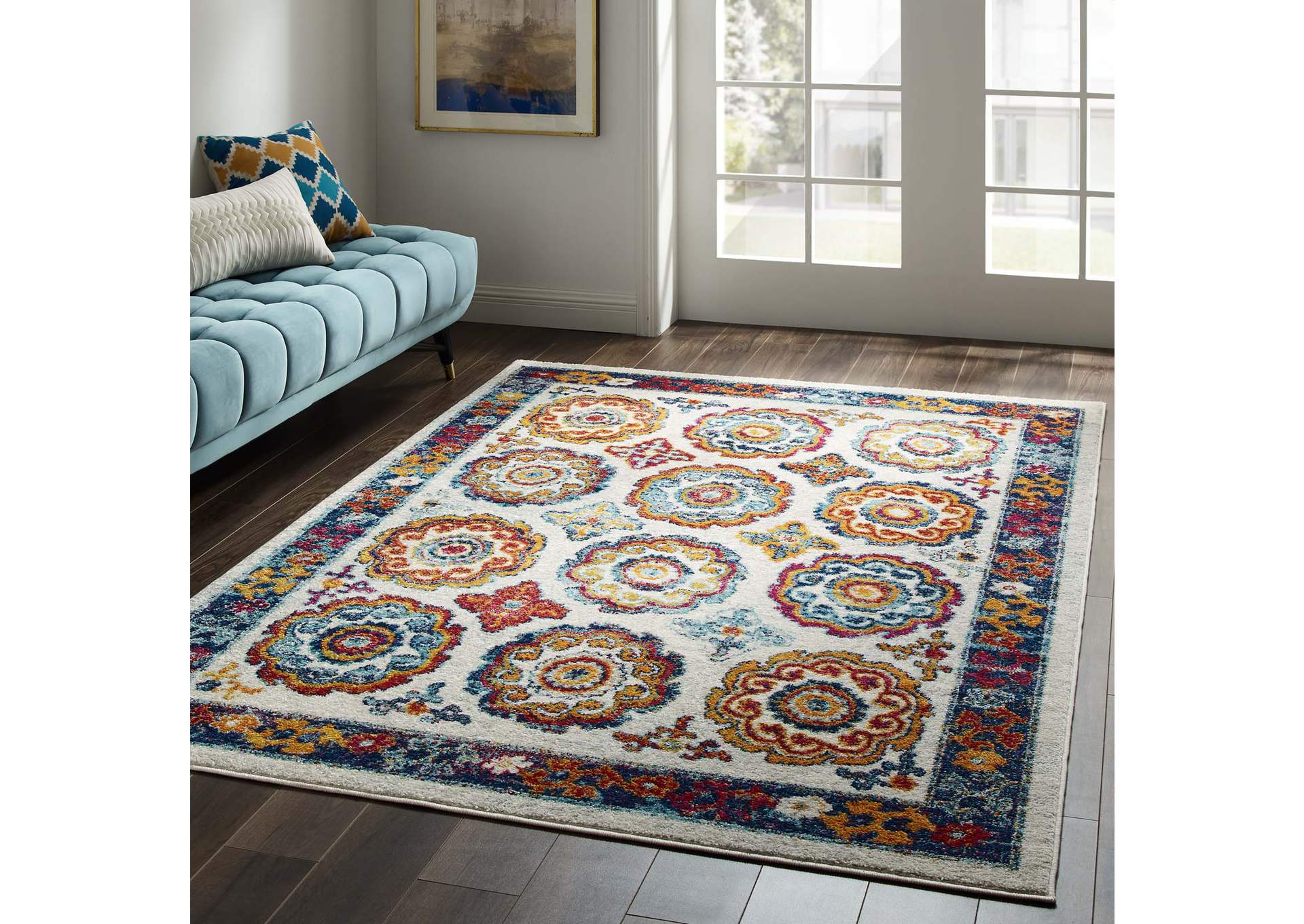 Ivory, Blue, Red, Orange, Yellow Entourage Odile Distressed Floral Moroccan Trellis 5x8 Area Rug,Modway