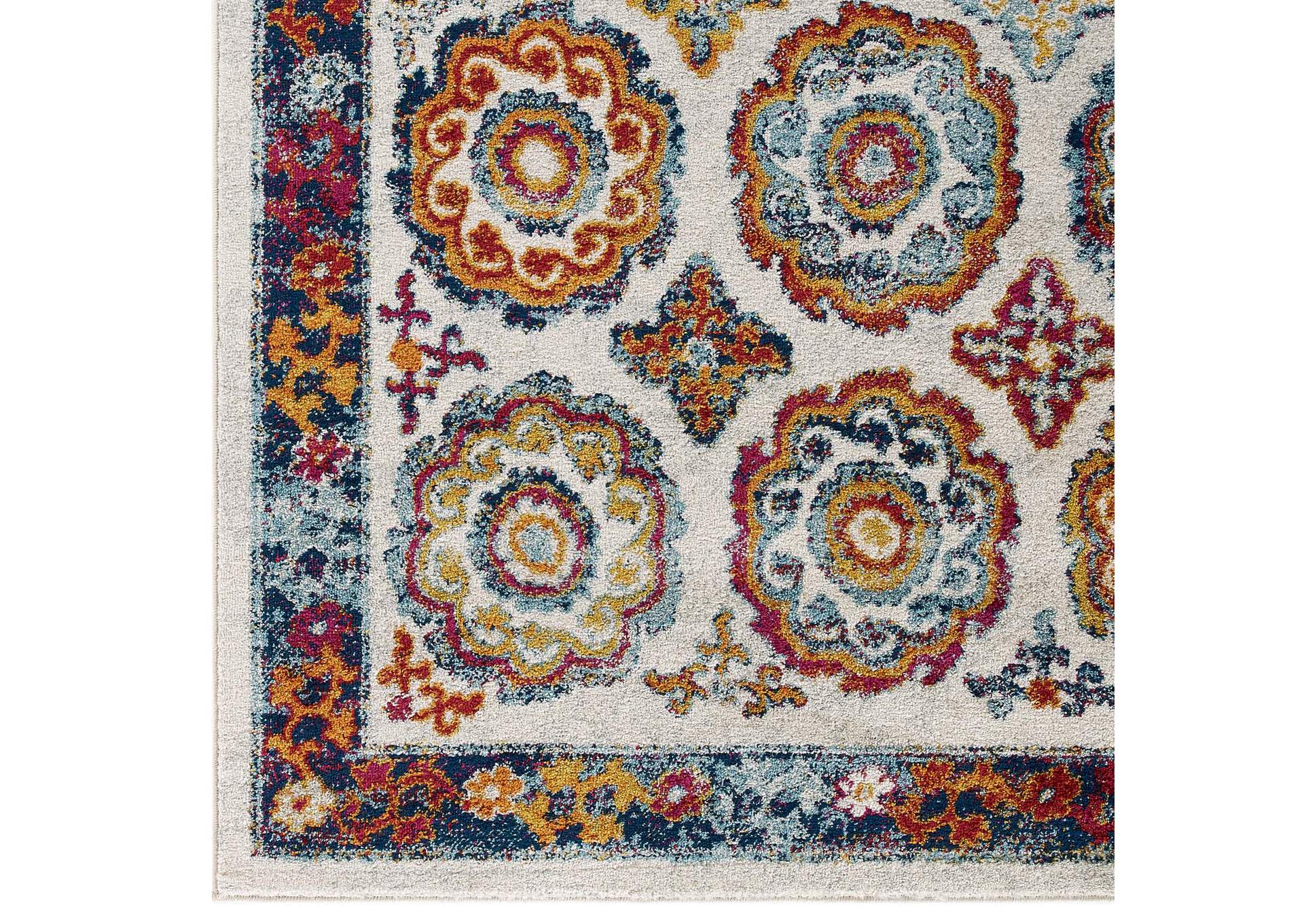 Ivory, Blue, Red, Orange, Yellow Entourage Odile Distressed Floral Moroccan Trellis 8x10 Area Rug,Modway