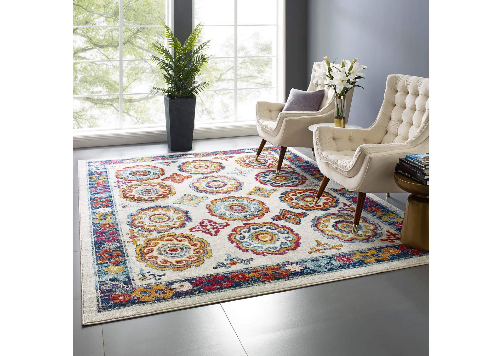 Ivory, Blue, Red, Orange, Yellow Entourage Odile Distressed Floral Moroccan Trellis 8x10 Area Rug,Modway