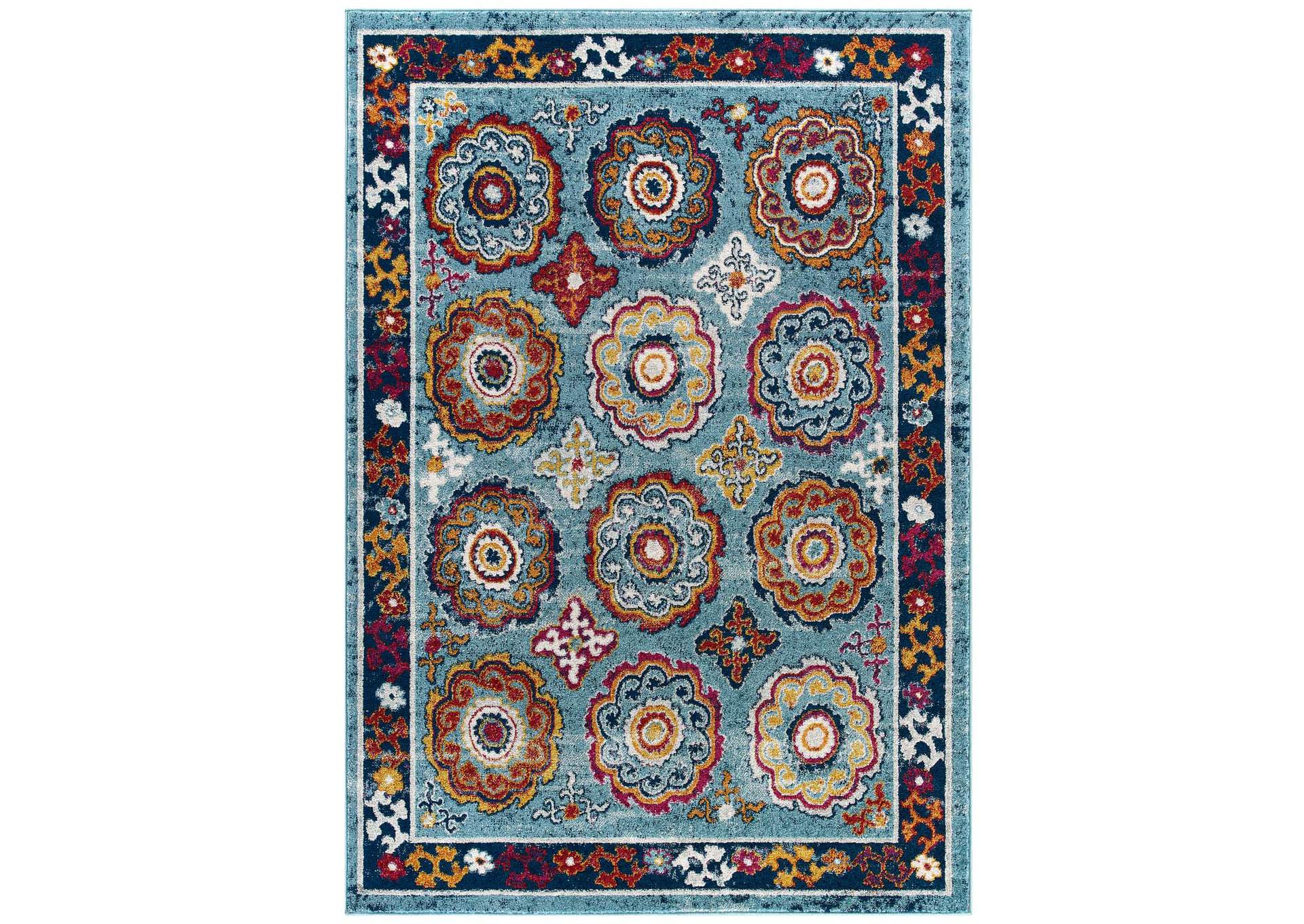 Blue, Red, Orange Yellow Entourage Odile Distressed Floral Moroccan Trellis 5x8 Area Rug,Modway