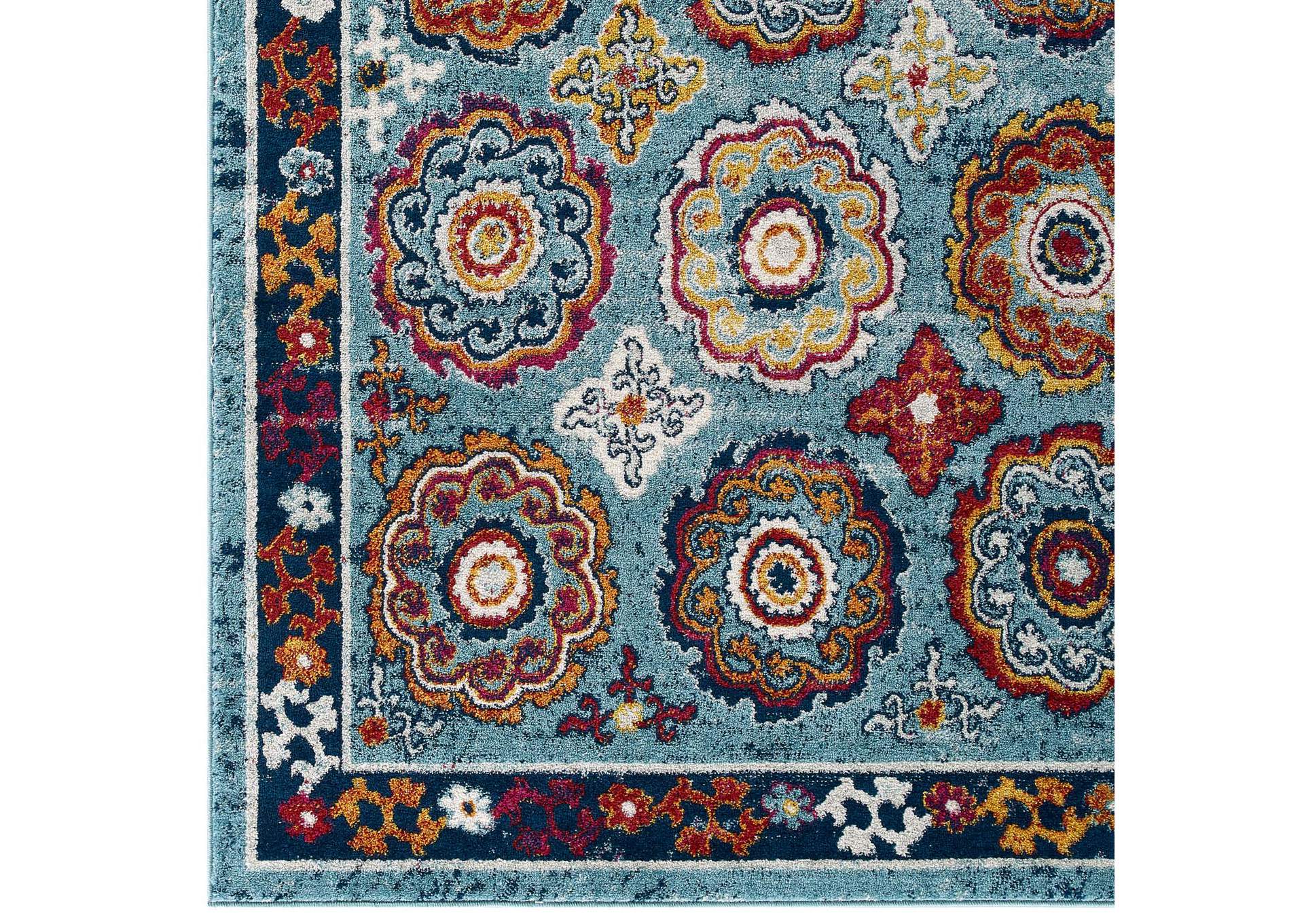 Blue, Red, Orange Yellow Entourage Odile Distressed Floral Moroccan Trellis 5x8 Area Rug,Modway