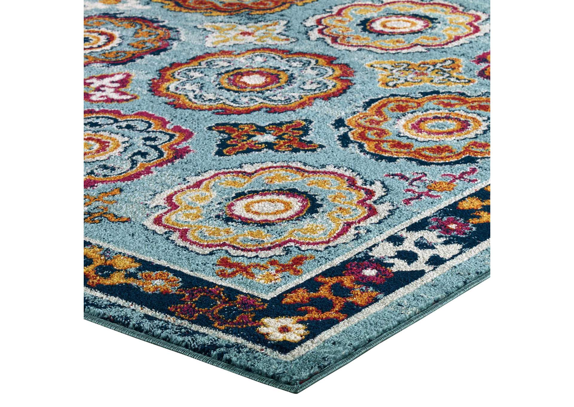 Blue, Red, Orange Yellow Entourage Odile Distressed Floral Moroccan Trellis 5x8 Area Rug,Modway