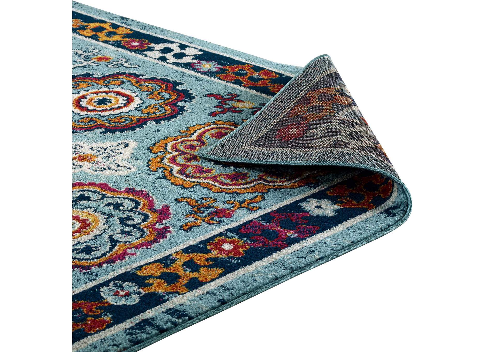 Blue, Red, Orange Yellow Entourage Odile Distressed Floral Moroccan Trellis 5x8 Area Rug,Modway