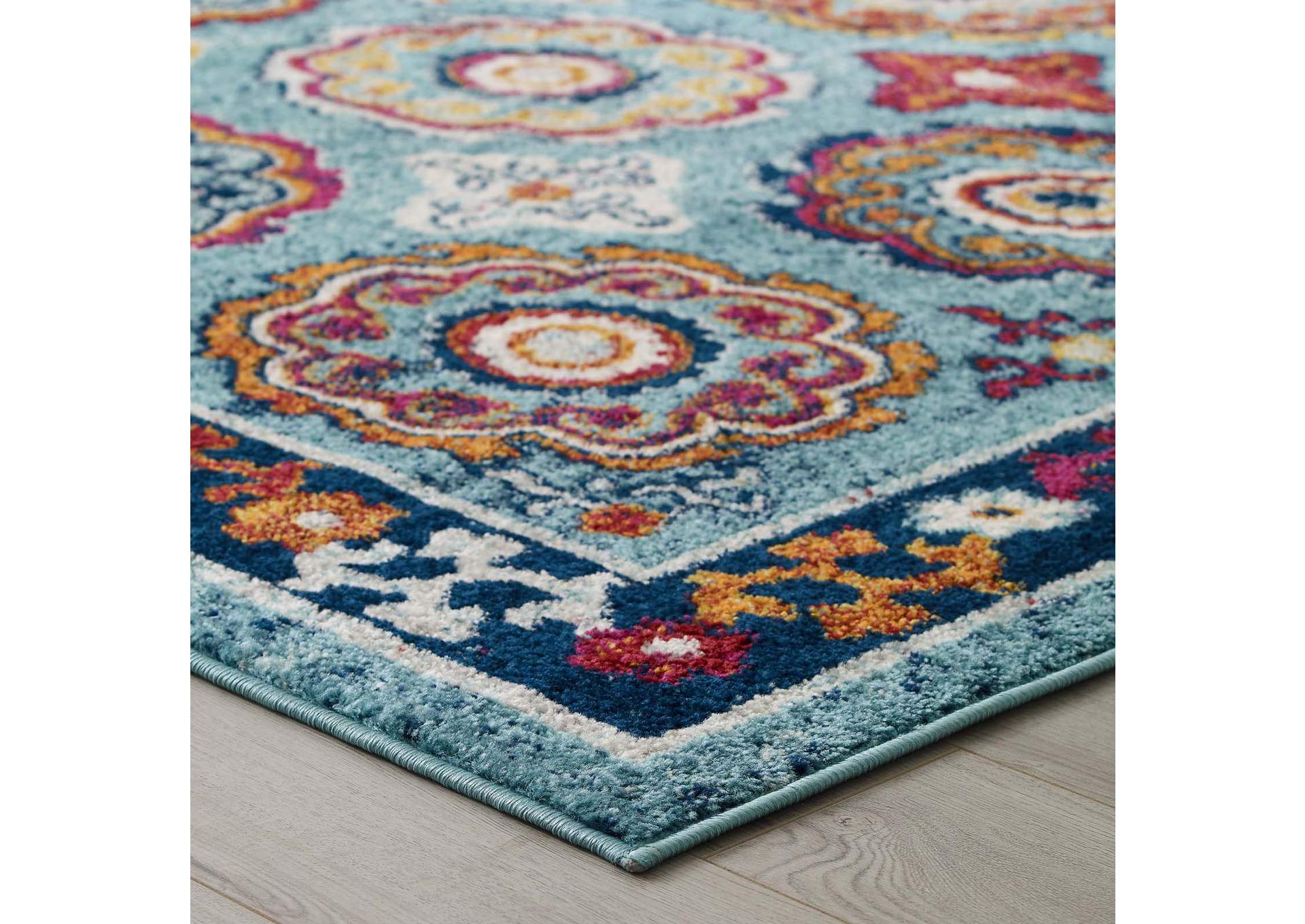 Blue, Red, Orange Yellow Entourage Odile Distressed Floral Moroccan Trellis 5x8 Area Rug,Modway