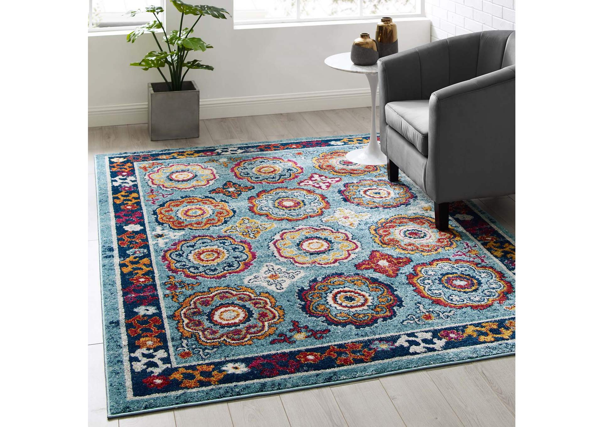 Blue, Red, Orange Yellow Entourage Odile Distressed Floral Moroccan Trellis 5x8 Area Rug,Modway