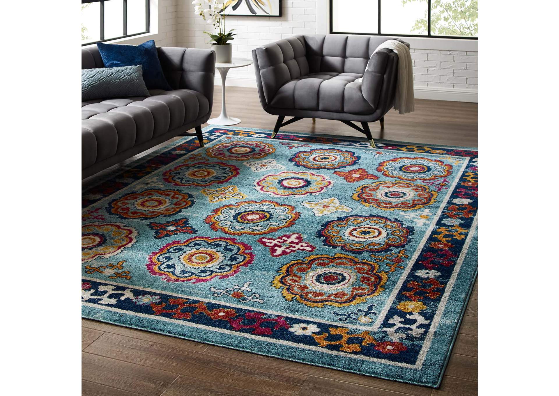 Blue, Red, Orange Yellow Entourage Odile Distressed Floral Moroccan Trellis 8x10 Area Rug,Modway