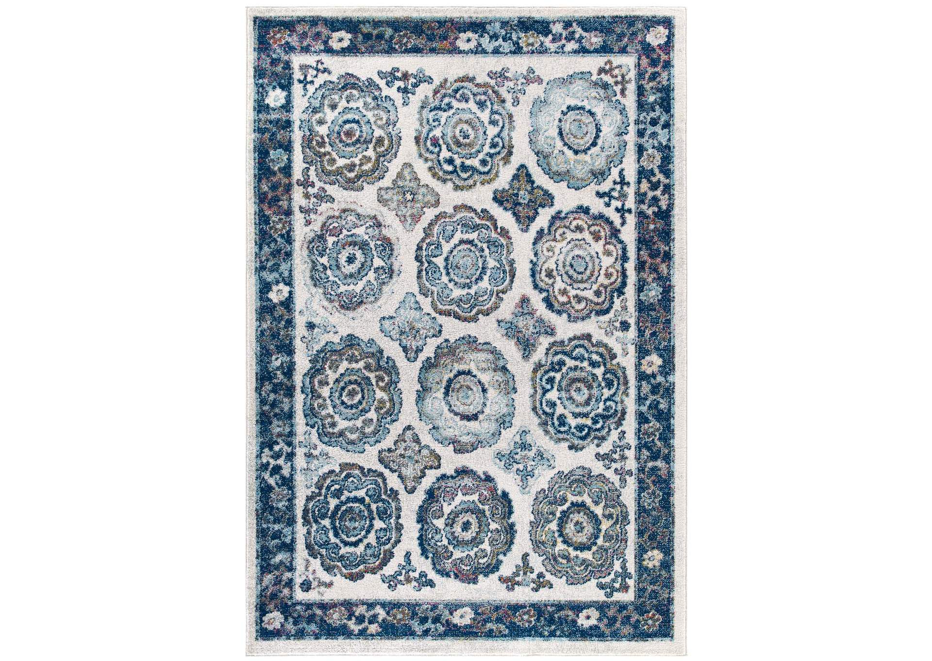 Ivory and Blue Entourage Odile Distressed Floral Moroccan Trellis 5x8 Area Rug,Modway