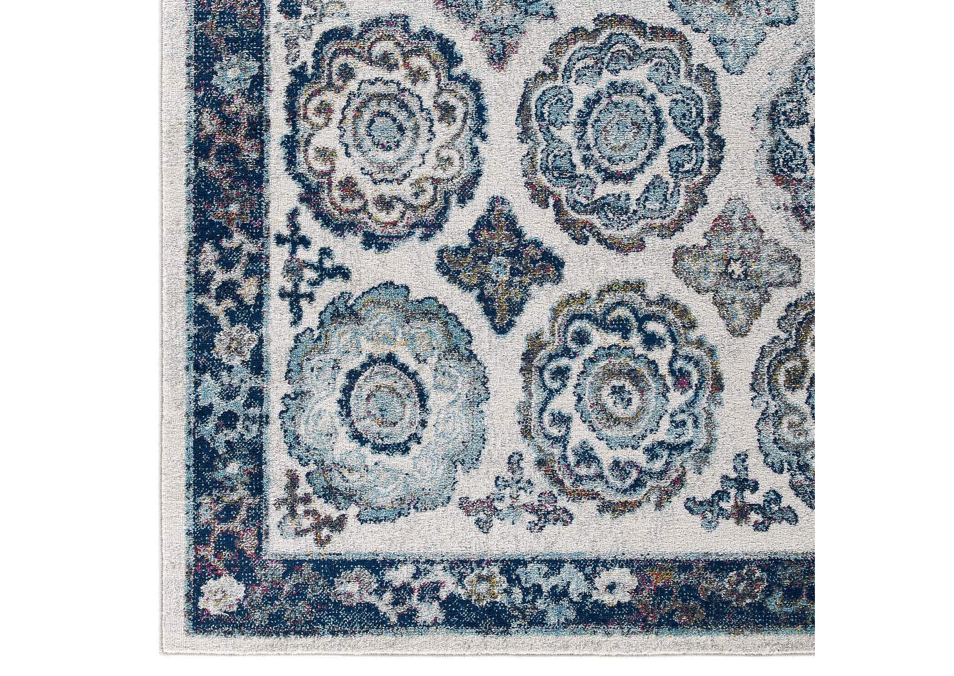 Ivory and Blue Entourage Odile Distressed Floral Moroccan Trellis 5x8 Area Rug,Modway