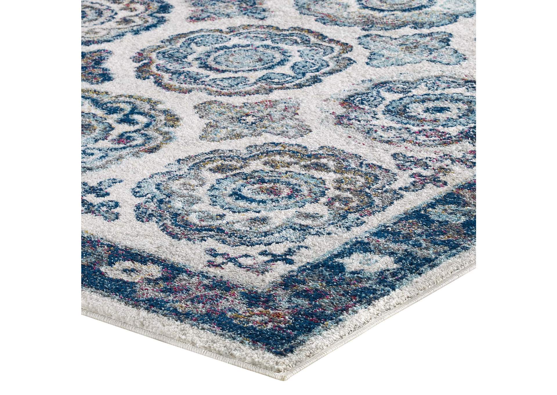 Ivory and Blue Entourage Odile Distressed Floral Moroccan Trellis 5x8 Area Rug,Modway