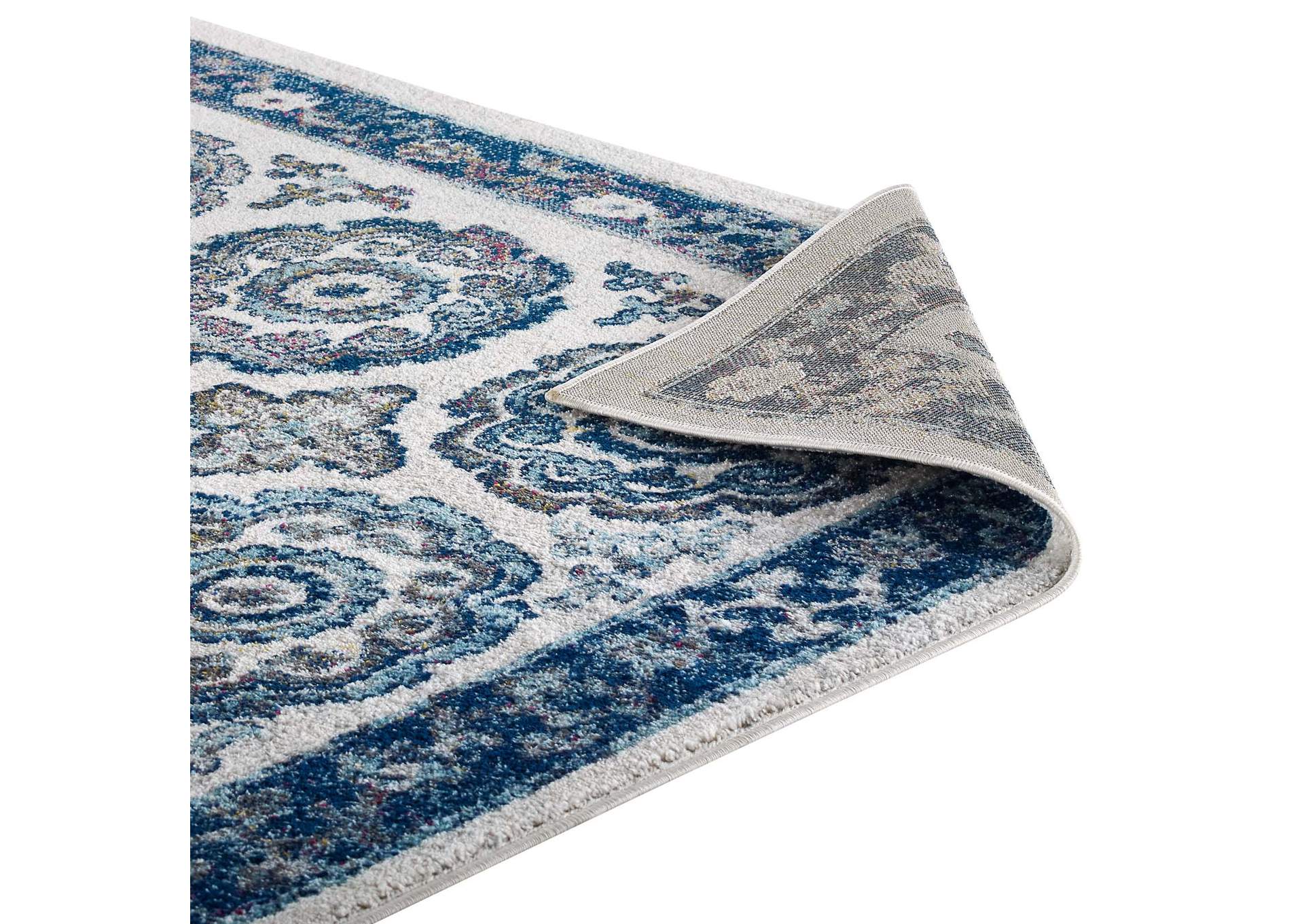 Ivory and Blue Entourage Odile Distressed Floral Moroccan Trellis 5x8 Area Rug,Modway