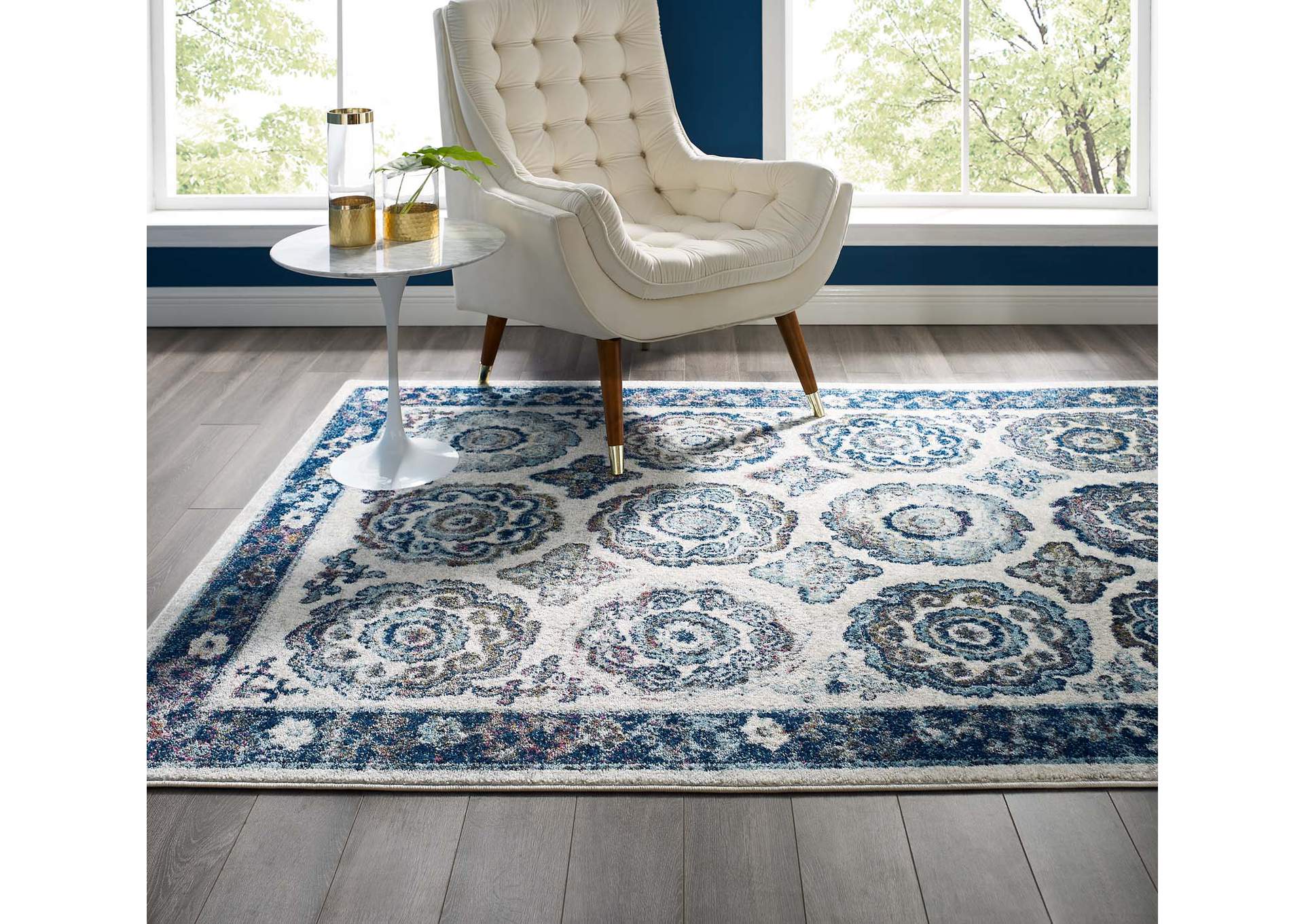 Ivory and Blue Entourage Odile Distressed Floral Moroccan Trellis 5x8 Area Rug,Modway