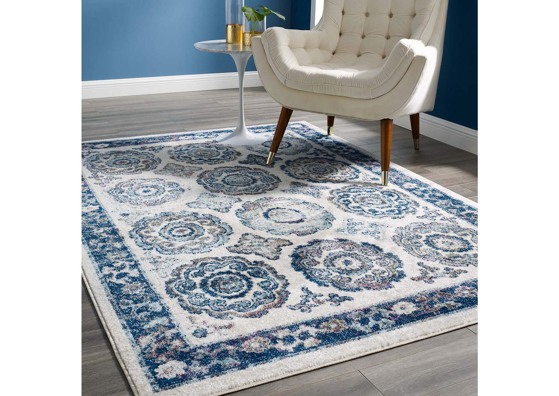 Ivory and Blue Entourage Odile Distressed Floral Moroccan Trellis 5x8 Area Rug,Modway