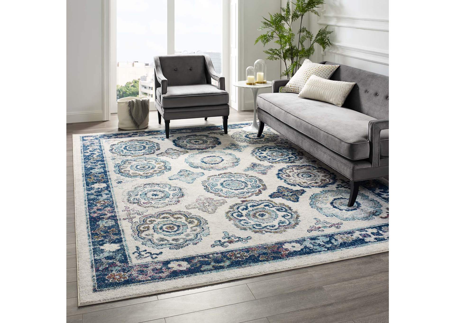 Ivory and Blue Entourage Odile Distressed Floral Moroccan Trellis 8x10 Area Rug,Modway