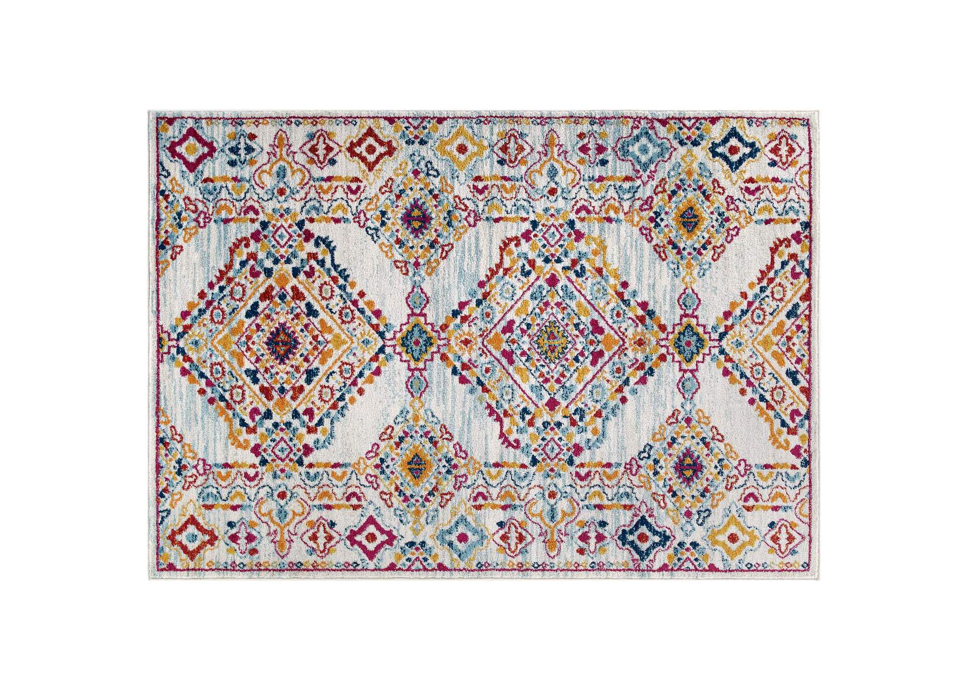 Ivory, Blue, Orange, Yellow, Red Entourage Khalida Distressed Floral Lattice 8x10 Area Rug,Modway