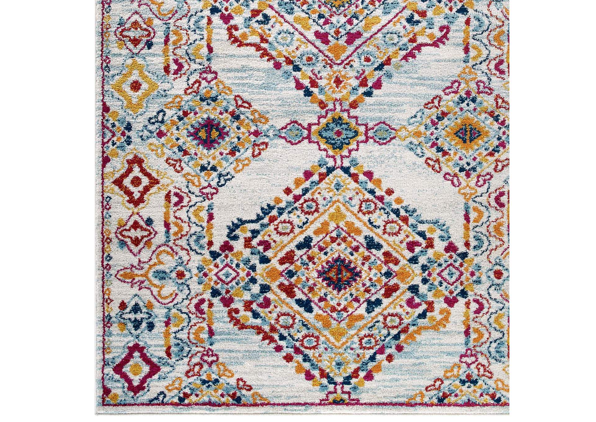 Ivory, Blue, Orange, Yellow, Red Entourage Khalida Distressed Floral Lattice 8x10 Area Rug,Modway