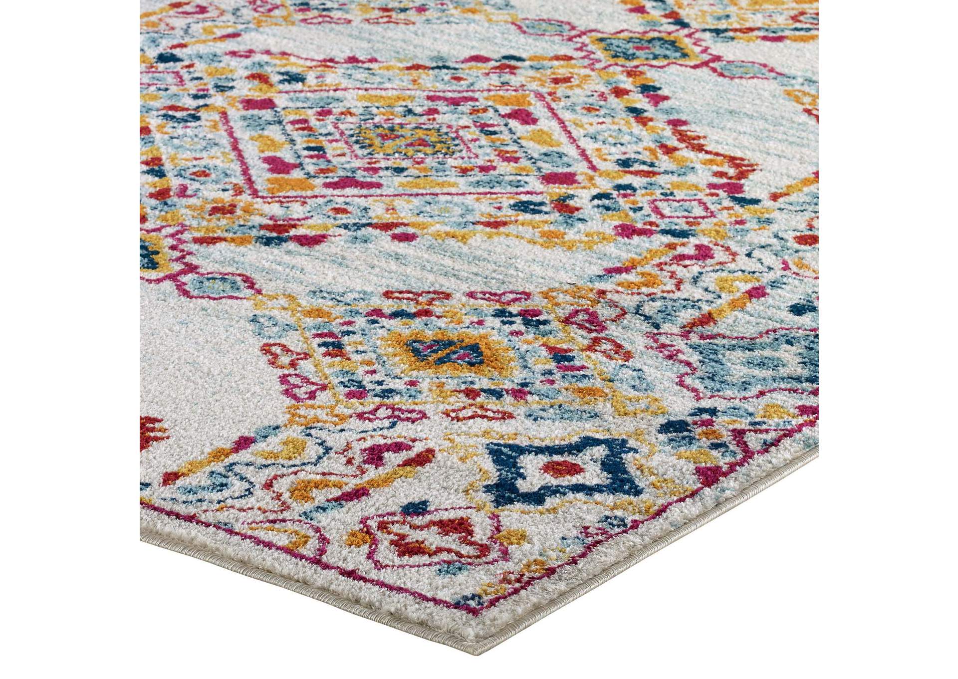 Ivory, Blue, Orange, Yellow, Red Entourage Khalida Distressed Floral Lattice 8x10 Area Rug,Modway