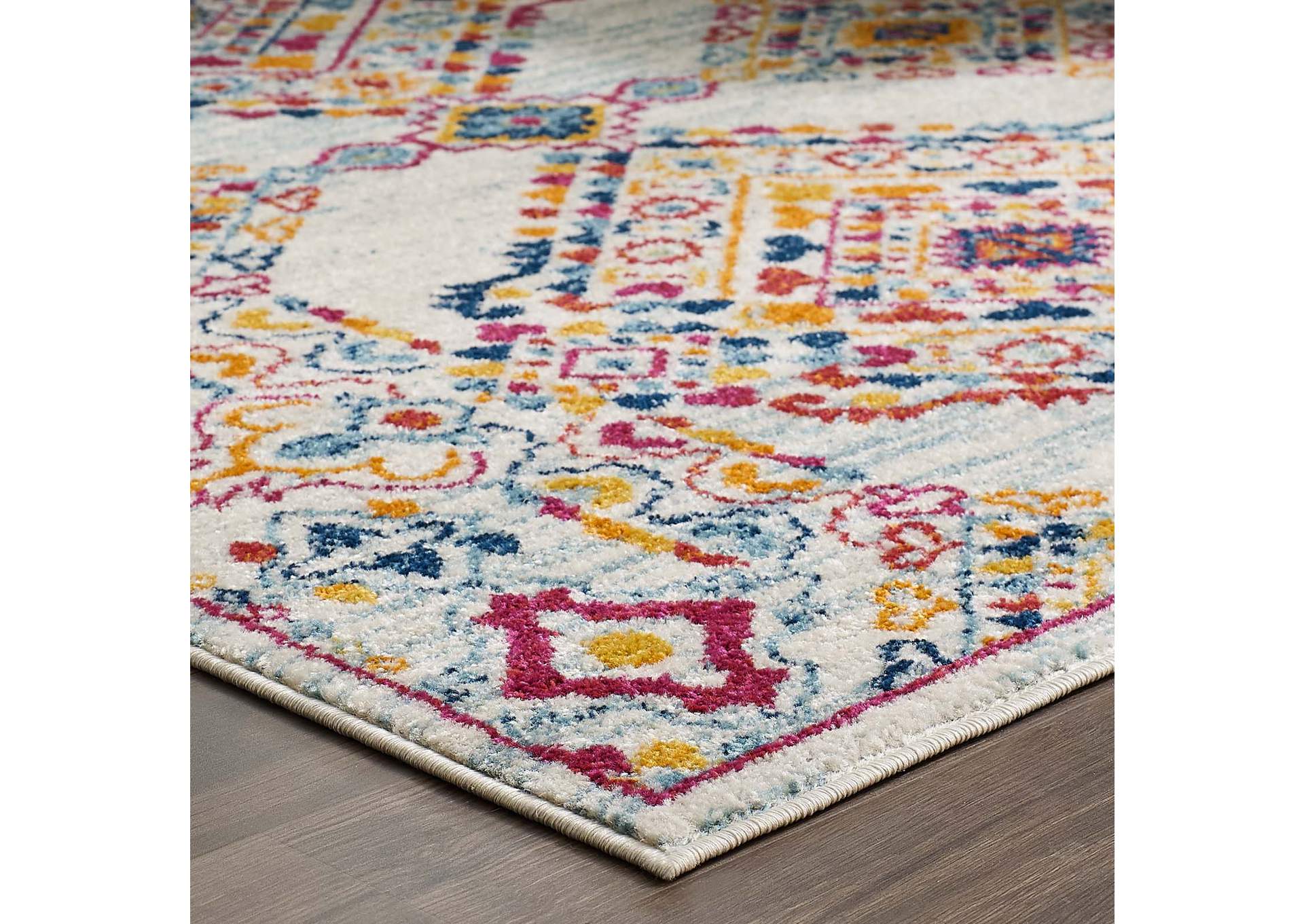 Ivory, Blue, Orange, Yellow, Red Entourage Khalida Distressed Floral Lattice 8x10 Area Rug,Modway