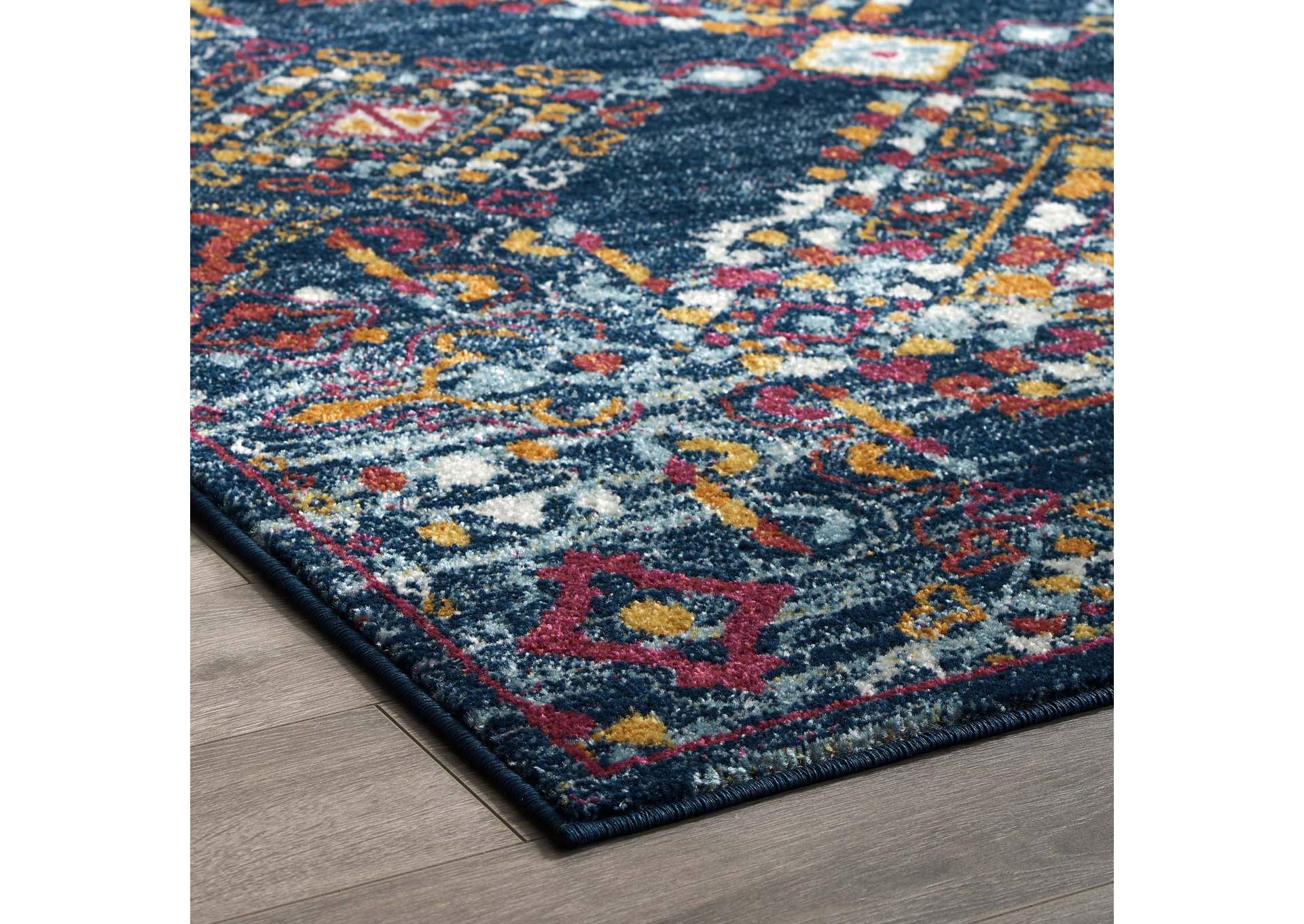 Blue, Orange, Yellow, Red Entourage Khalida Distressed Vintage Floral Lattice 5x8 Area Rug,Modway