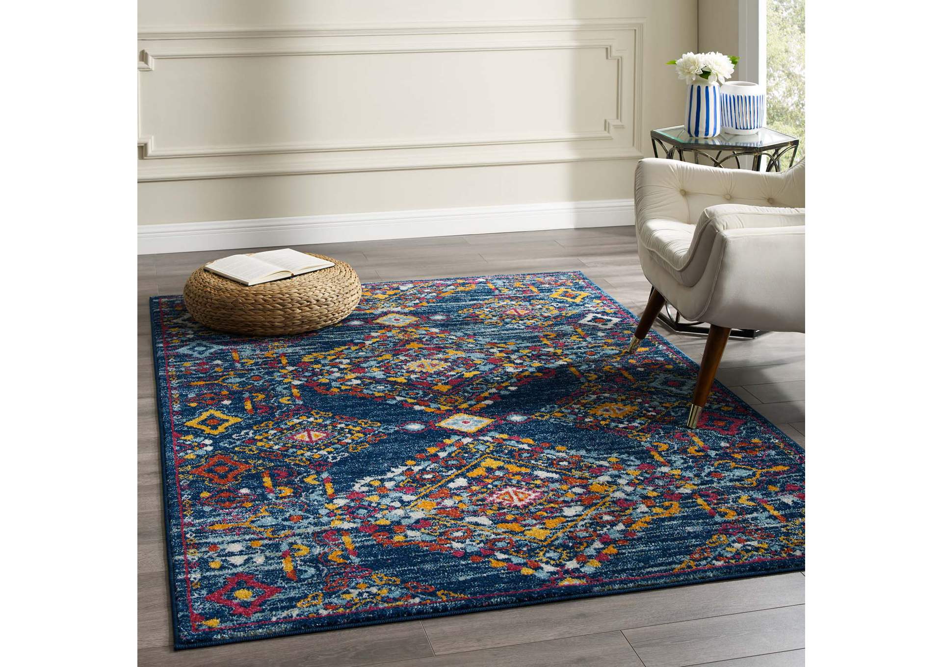 Blue, Orange, Yellow, Red Entourage Khalida Distressed Vintage Floral Lattice 5x8 Area Rug,Modway