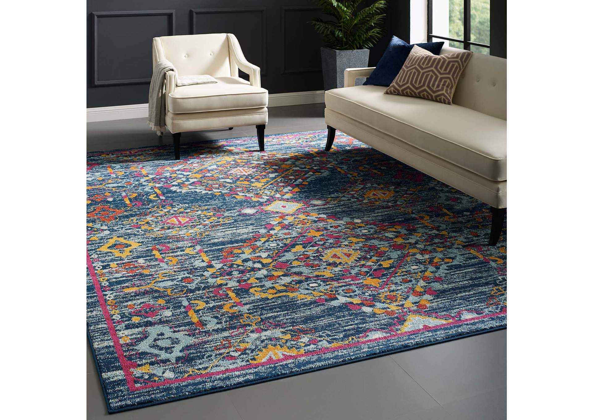 Blue, Orange, Yellow, Red Entourage Khalida Distressed Floral Lattice 8x10 Area Rug,Modway