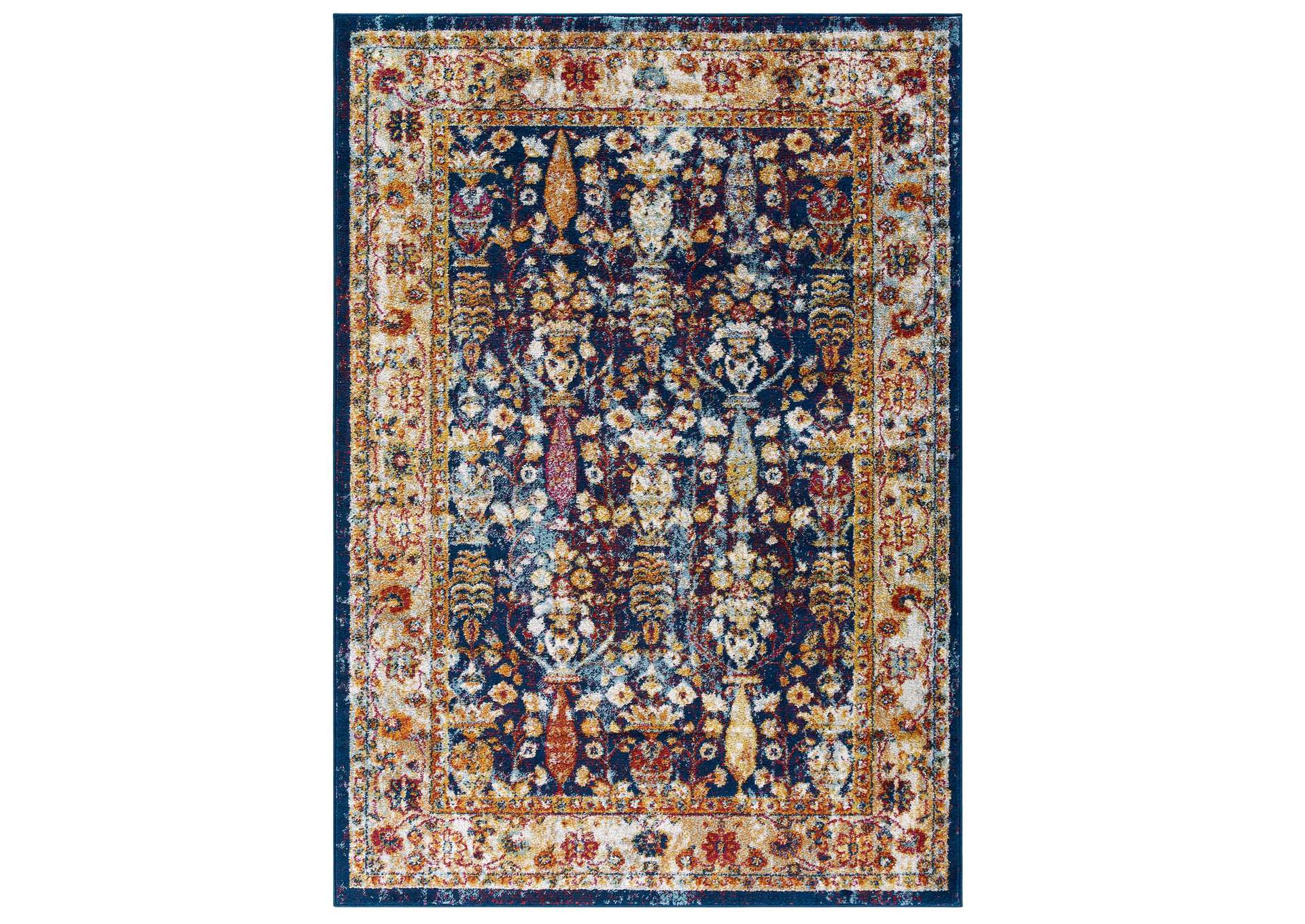 Blue, Orange, Yellow, Red Entourage Jessa Distressed Vintage Floral Lattice 5x8 Area Rug,Modway