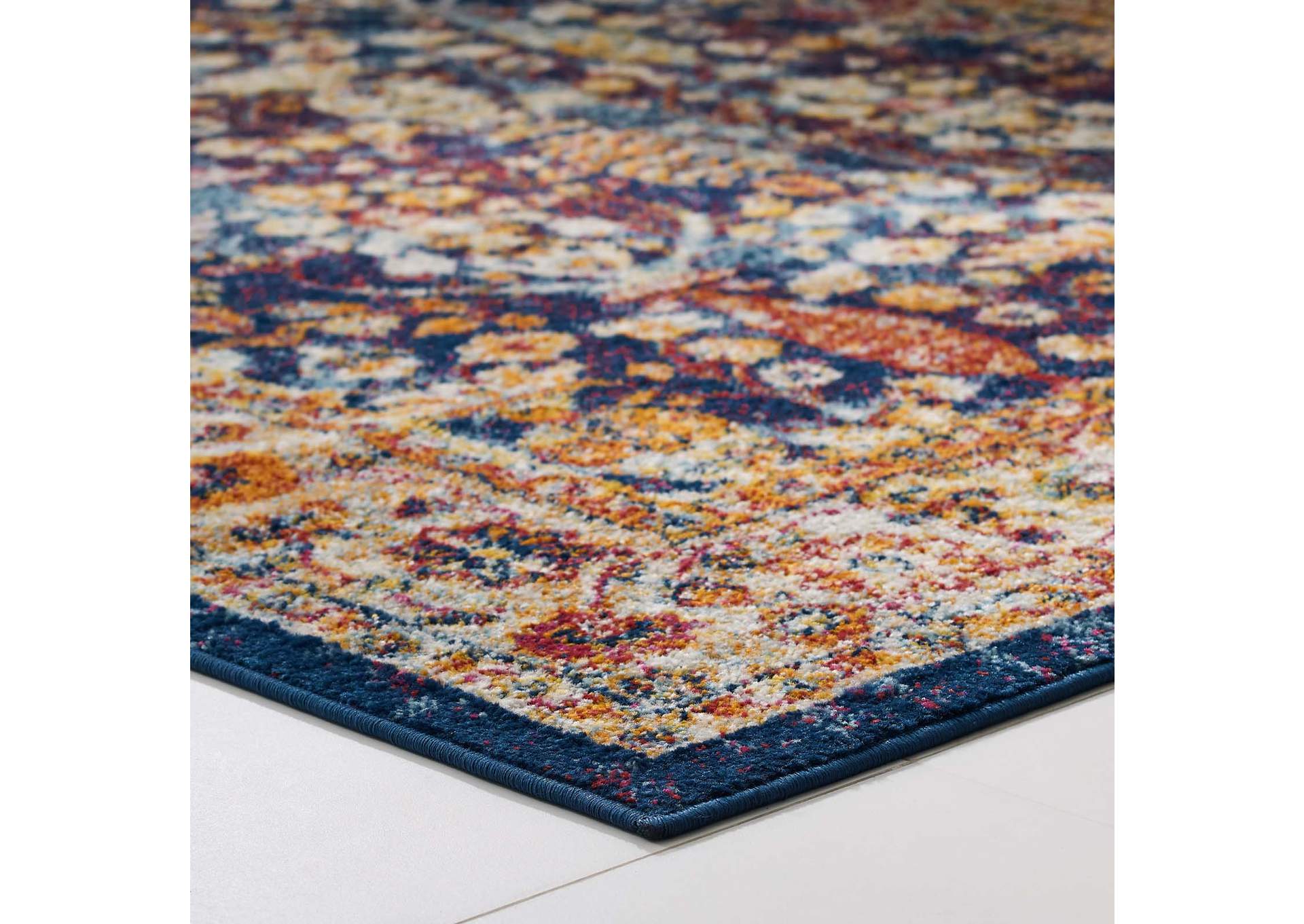 Blue, Orange, Yellow, Red Entourage Jessa Distressed Vintage Floral Lattice 5x8 Area Rug,Modway