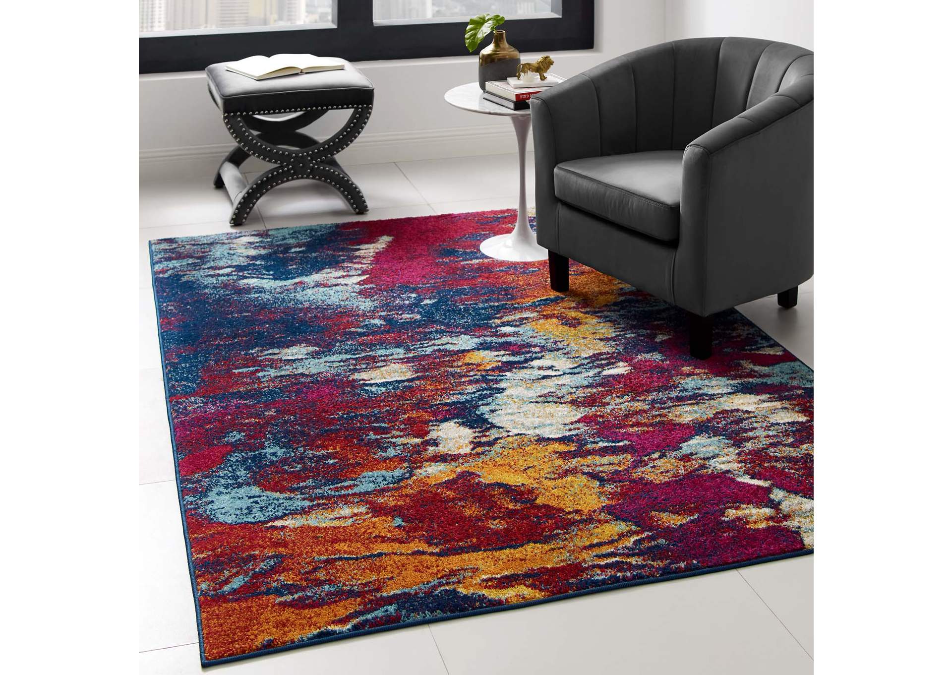 Blue, Orange, Yellow, Red Entourage Foliage Contemporary Modern Abstract 5x8 Area Rug,Modway