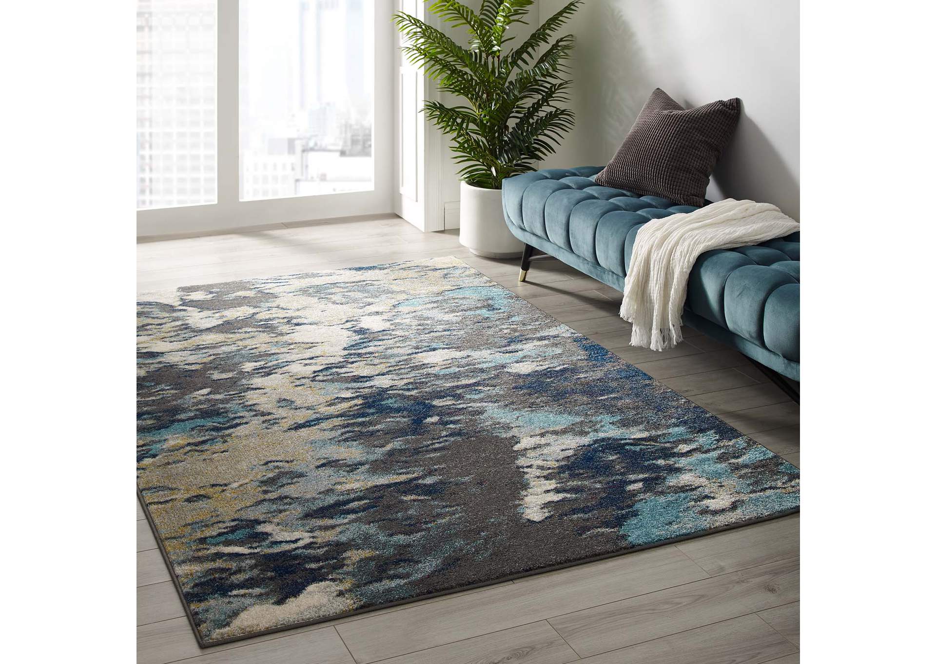 Blue, Tan, Gray Entourage Foliage Contemporary Modern Abstract 5x8 Area Rug,Modway