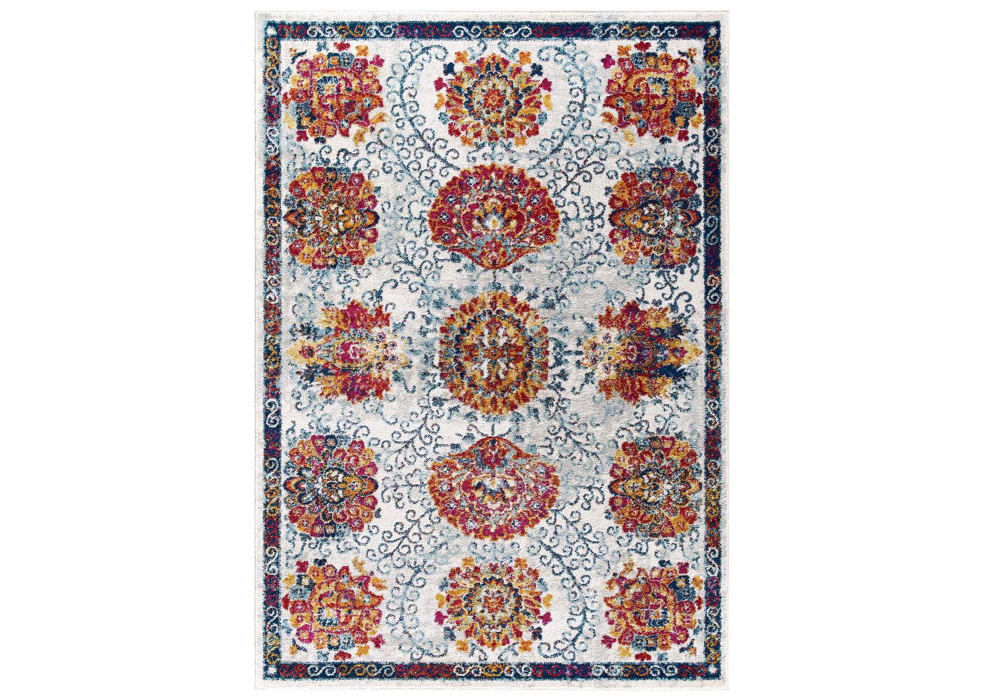 Ivory, Blue, Red,Orange,Yellow Entourage Kensie Distressed Floral Moroccan Trellis 5x8 Area Rug,Modway