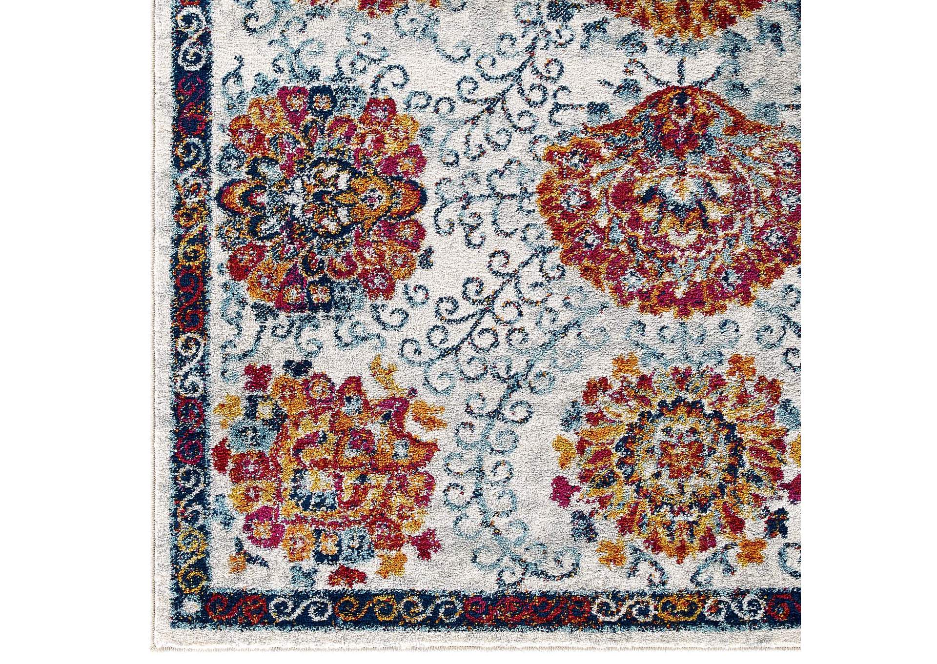 Ivory, Blue, Red,Orange,Yellow Entourage Kensie Distressed Floral Moroccan Trellis 5x8 Area Rug,Modway