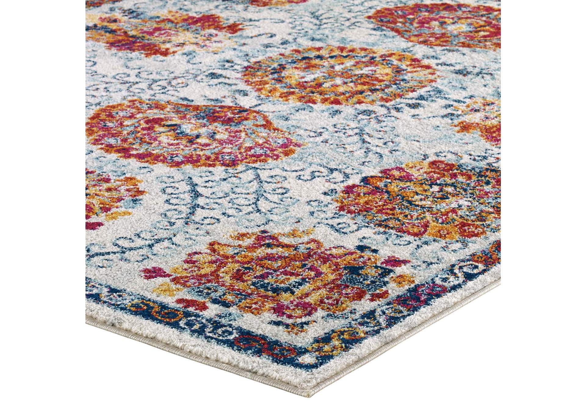 Ivory, Blue, Red,Orange,Yellow Entourage Kensie Distressed Floral Moroccan Trellis 5x8 Area Rug,Modway