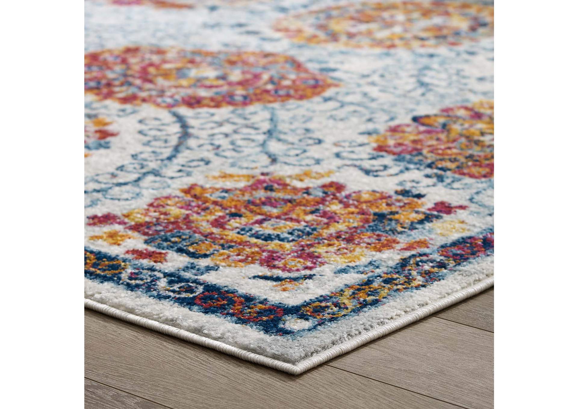 Ivory, Blue, Red,Orange,Yellow Entourage Kensie Distressed Floral Moroccan Trellis 5x8 Area Rug,Modway