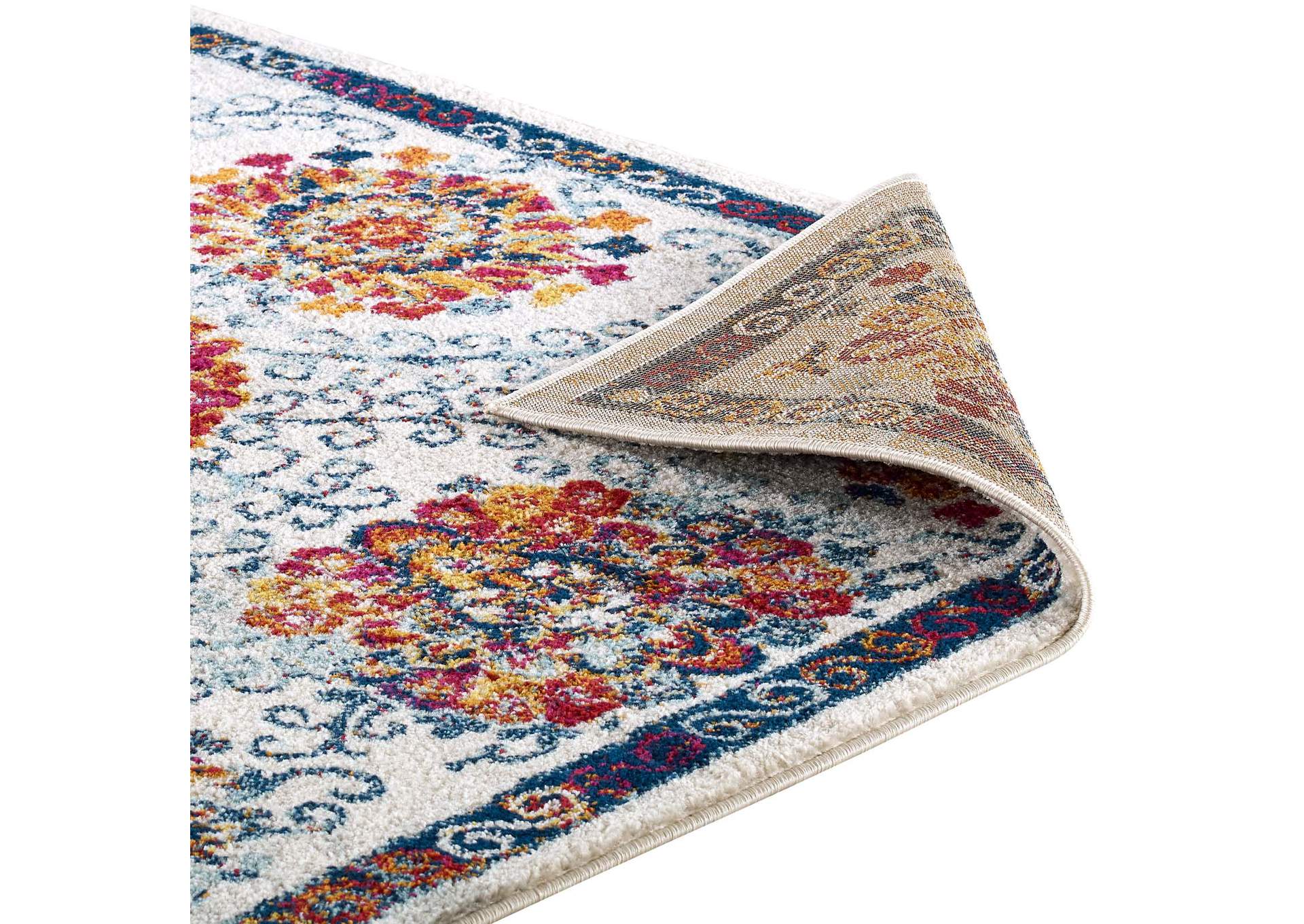 Ivory, Blue, Red,Orange,Yellow Entourage Kensie Distressed Floral Moroccan Trellis  8x10 Area Rug,Modway