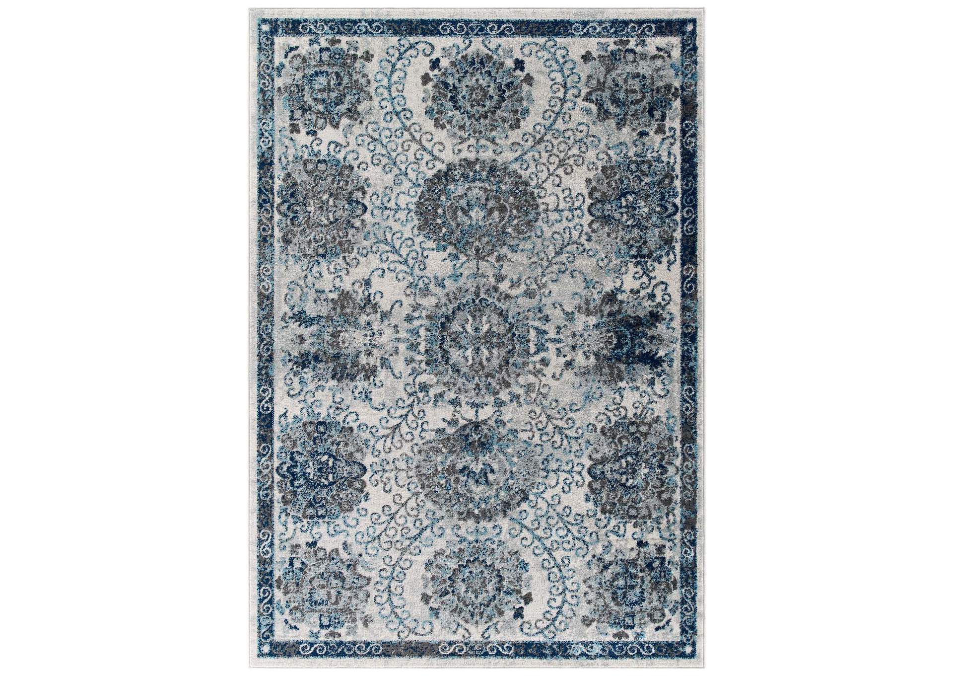 Ivory and Blue Entourage Kensie Distressed Floral Moroccan Trellis 5x8 Area Rug,Modway