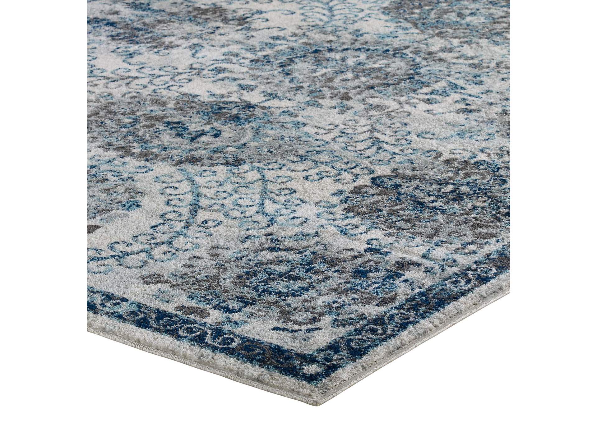 Ivory and Blue Entourage Kensie Distressed Floral Moroccan Trellis 5x8 Area Rug,Modway