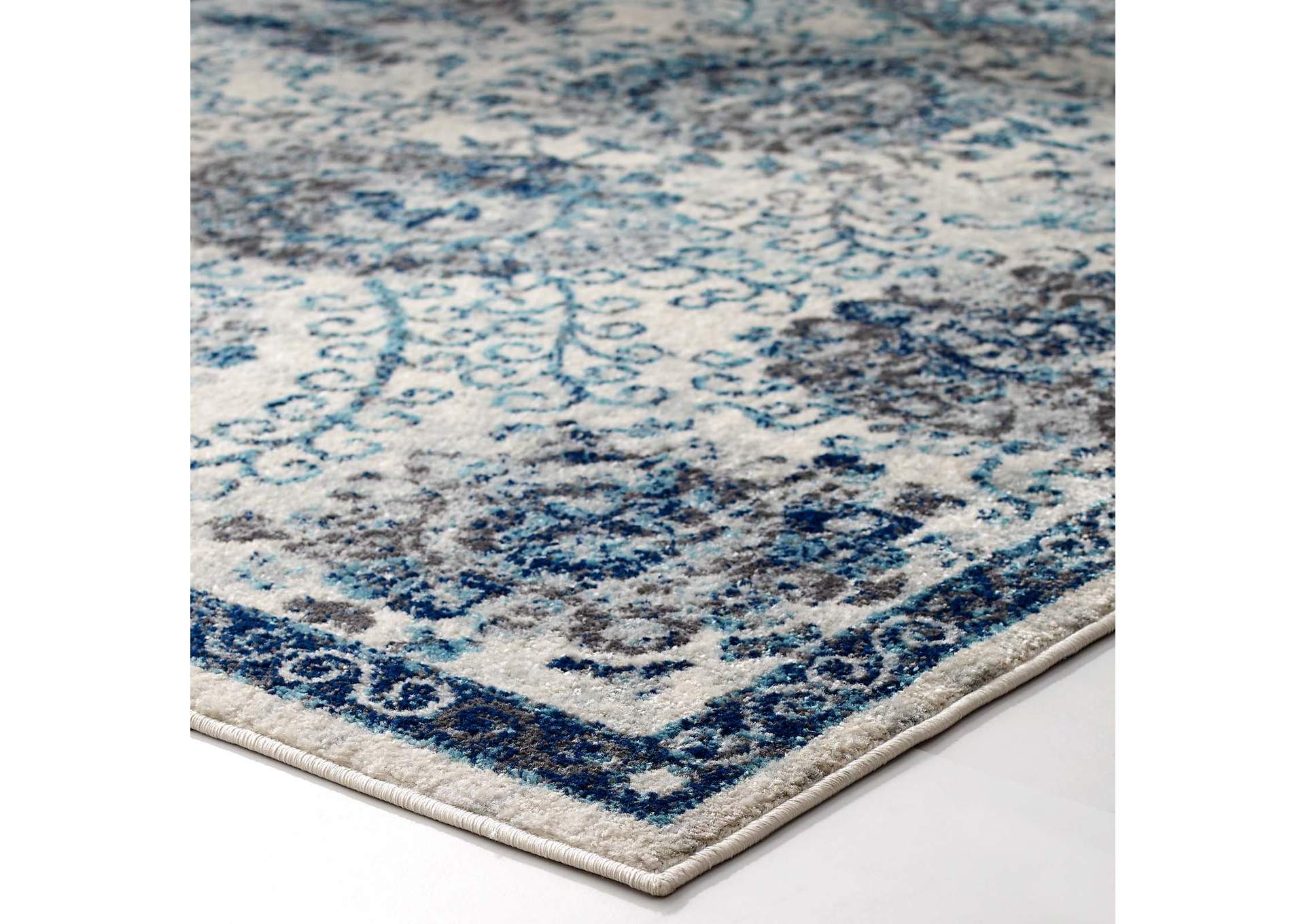 Ivory and Blue Entourage Kensie Distressed Floral Moroccan Trellis 5x8 Area Rug,Modway