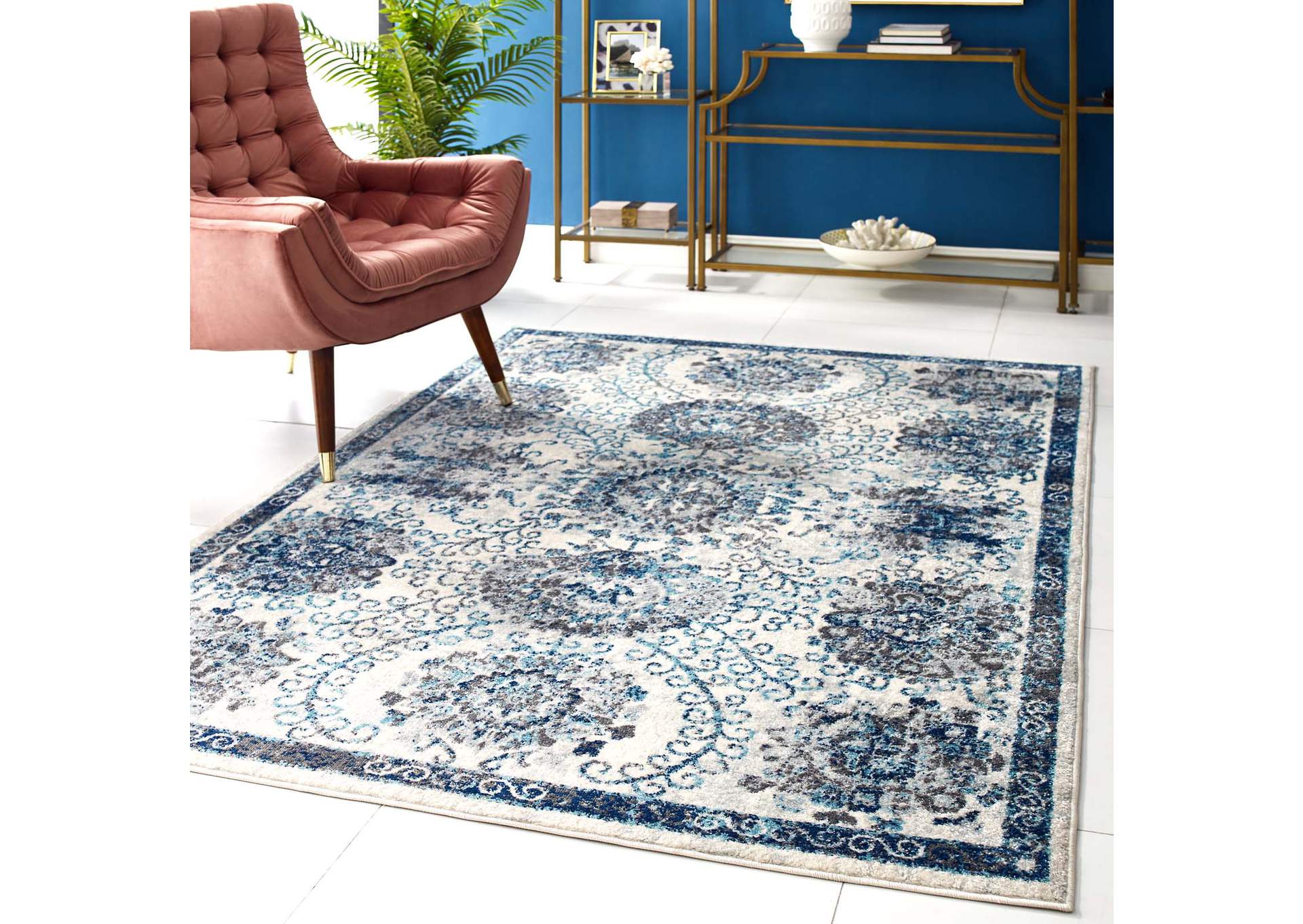 Ivory and Blue Entourage Kensie Distressed Floral Moroccan Trellis 5x8 Area Rug,Modway