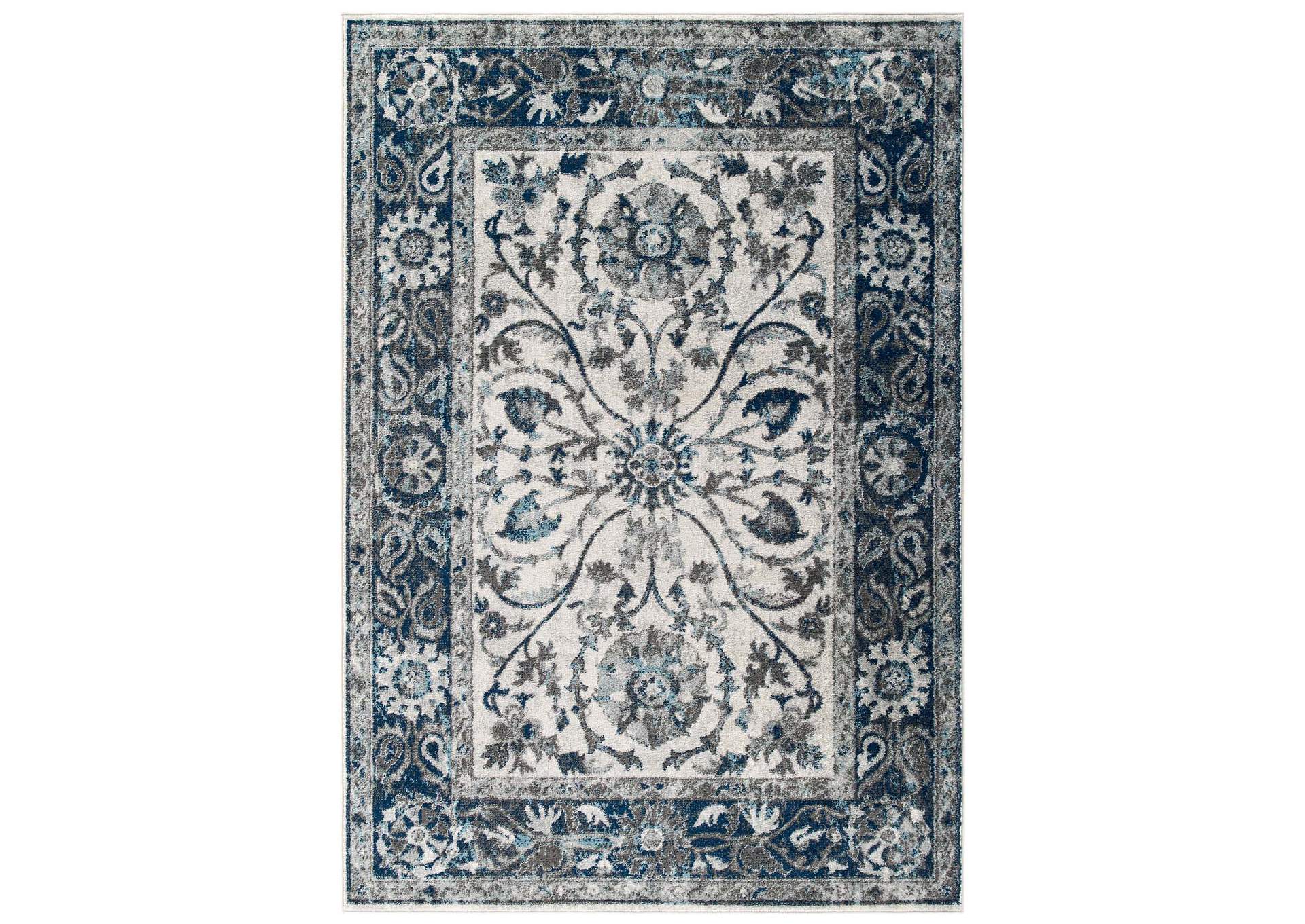 Ivory and Blue Entourage Samira Distressed Vintage Floral Persian Medallion 5x8 Area Rug,Modway