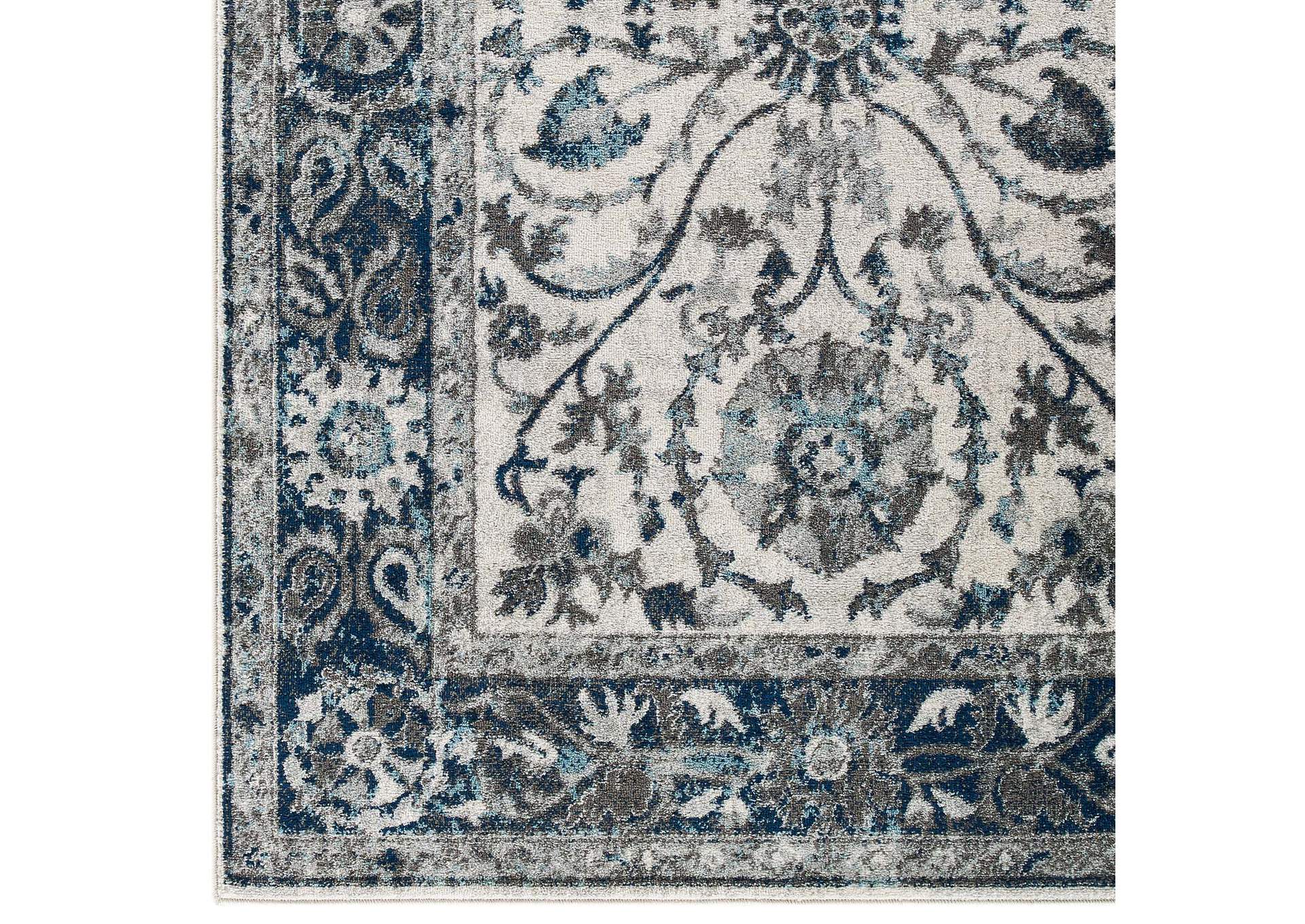 Ivory and Blue Entourage Samira Distressed Vintage Floral Persian Medallion 5x8 Area Rug,Modway