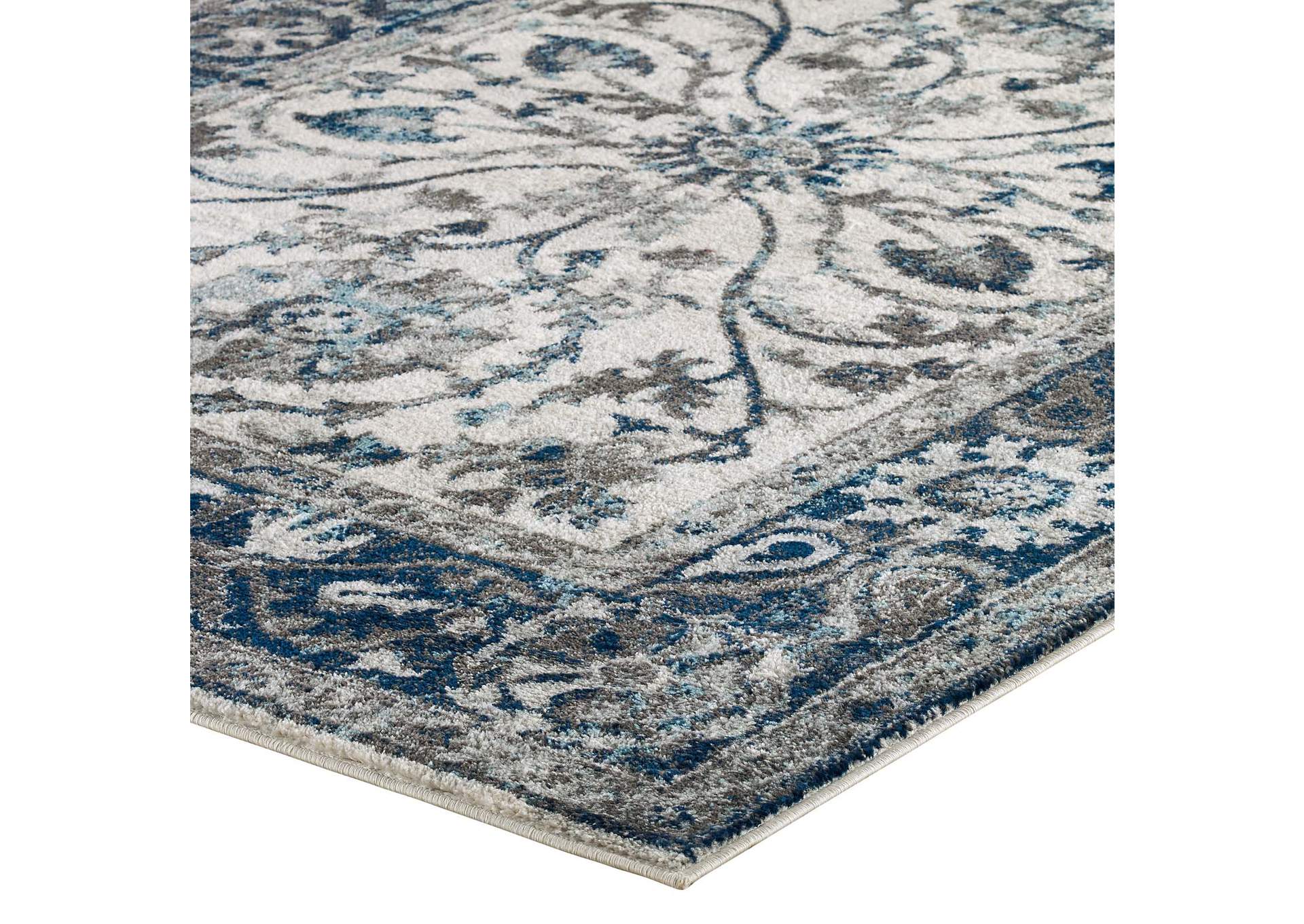 Ivory and Blue Entourage Samira Distressed Vintage Floral Persian Medallion 5x8 Area Rug,Modway