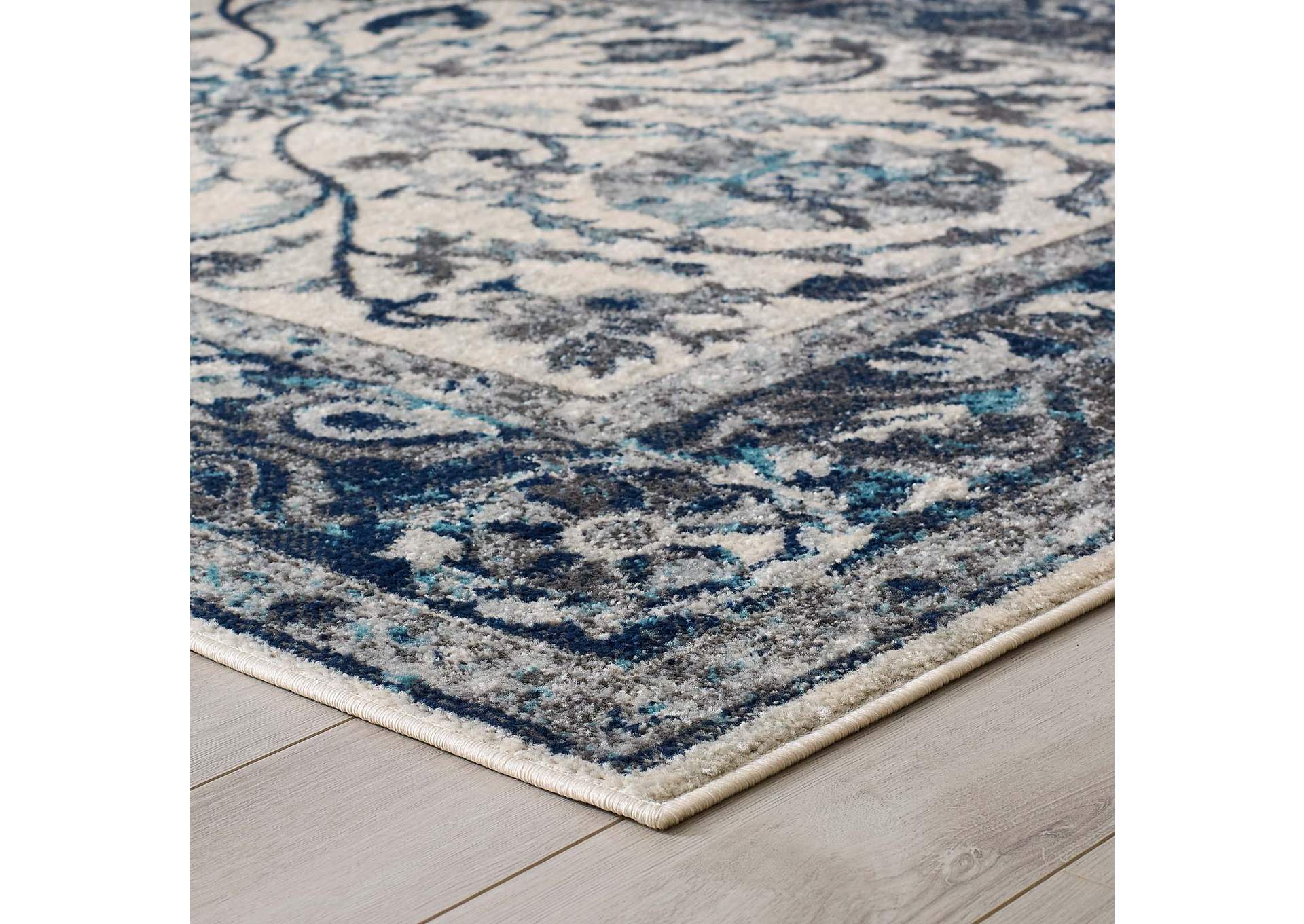 Ivory and Blue Entourage Samira Distressed Vintage Floral Persian Medallion 5x8 Area Rug,Modway