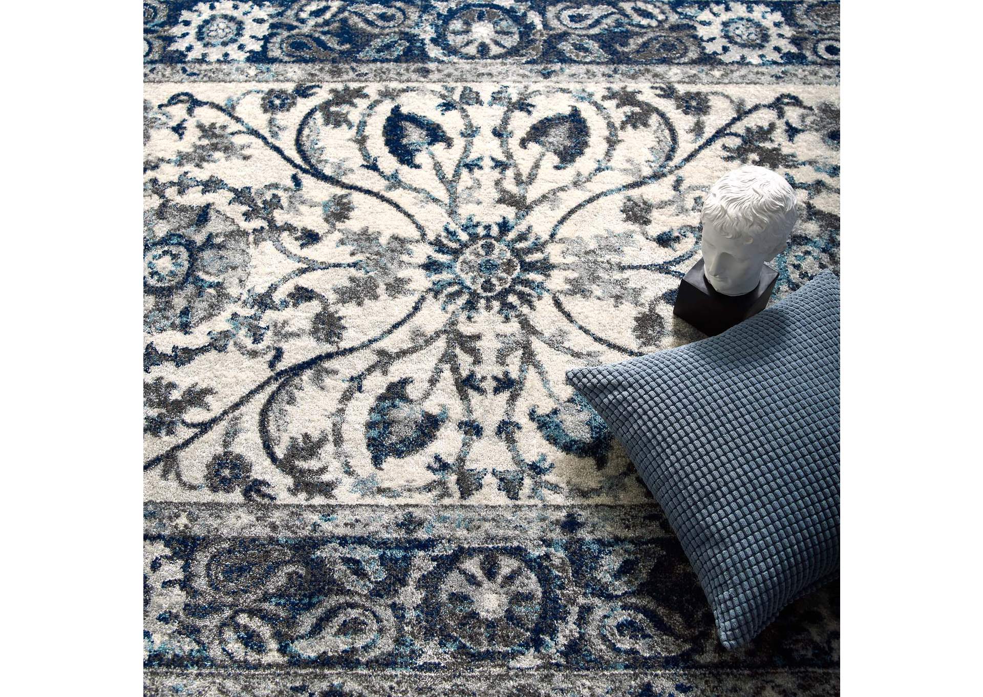 Ivory and Blue Entourage Samira Distressed Vintage Floral Persian Medallion 5x8 Area Rug,Modway